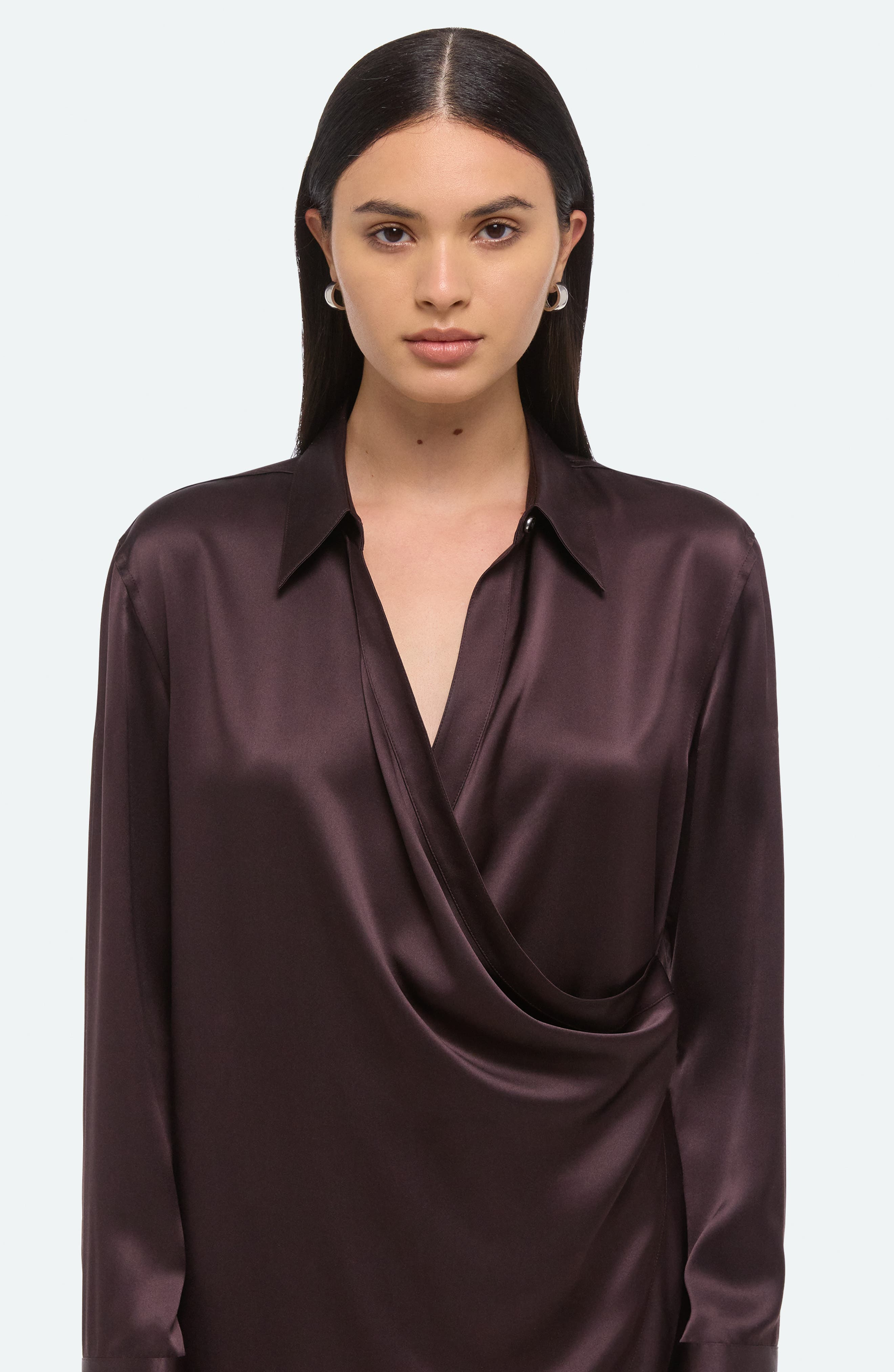 Helmut Lang Drape Wrap Front Silk Shirt in Dark Plum at Nordstrom - 4