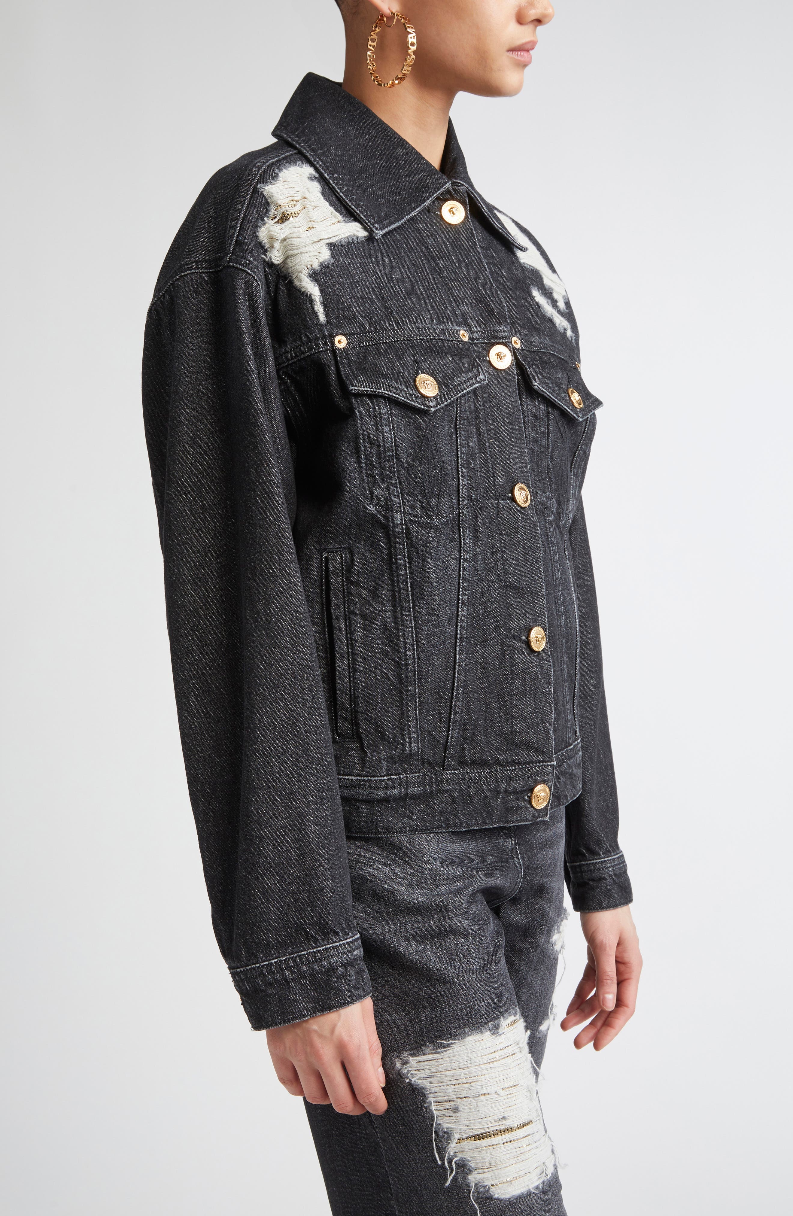 Versace Rip & Repair Denim Trucker Jacket in Black at Nordstrom - 4