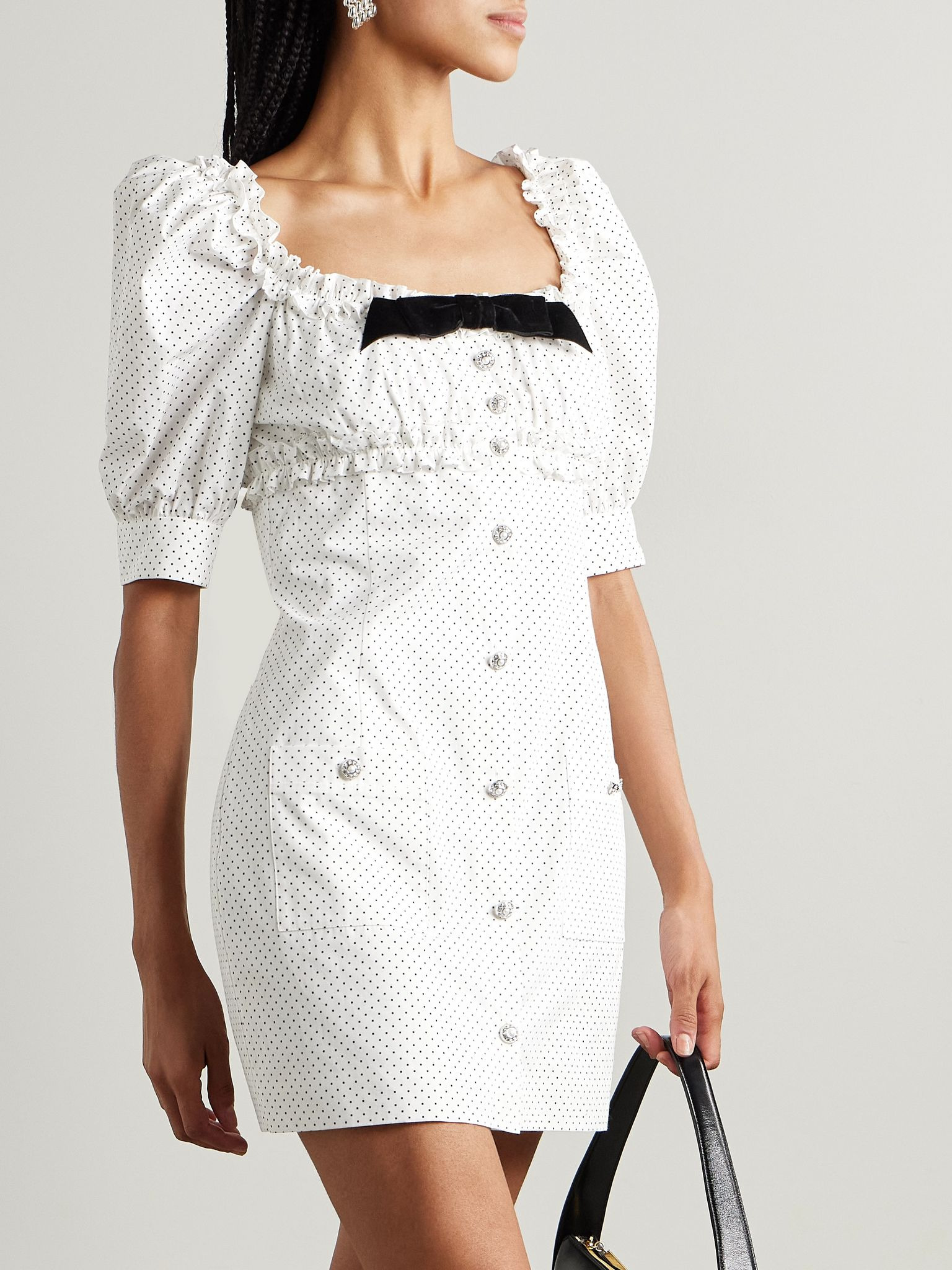 Velvet-trimmed ruffled polka-dot cotton-poplin mini dress White - 3