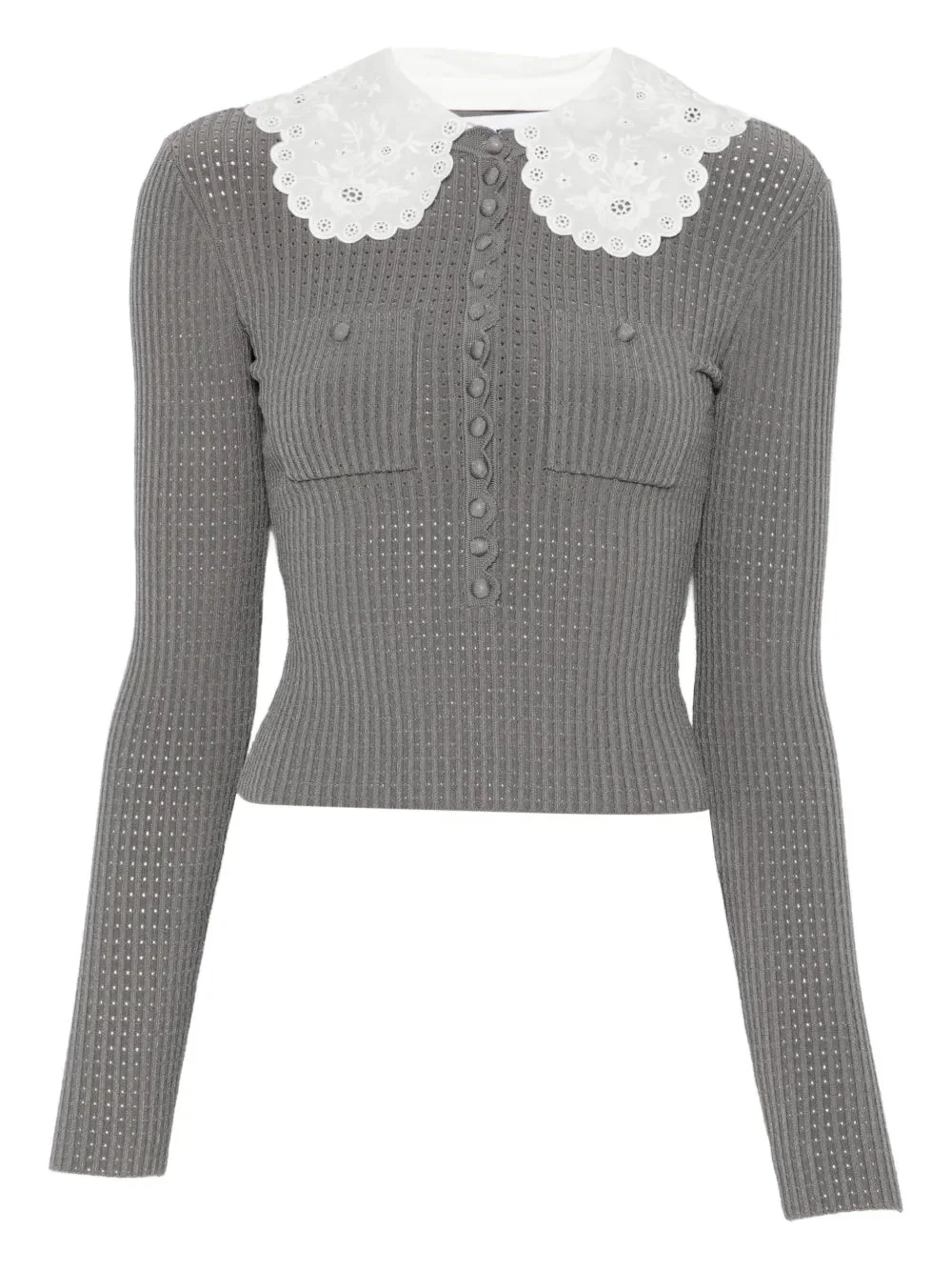 Grey Lace Collar Knit Top - 1