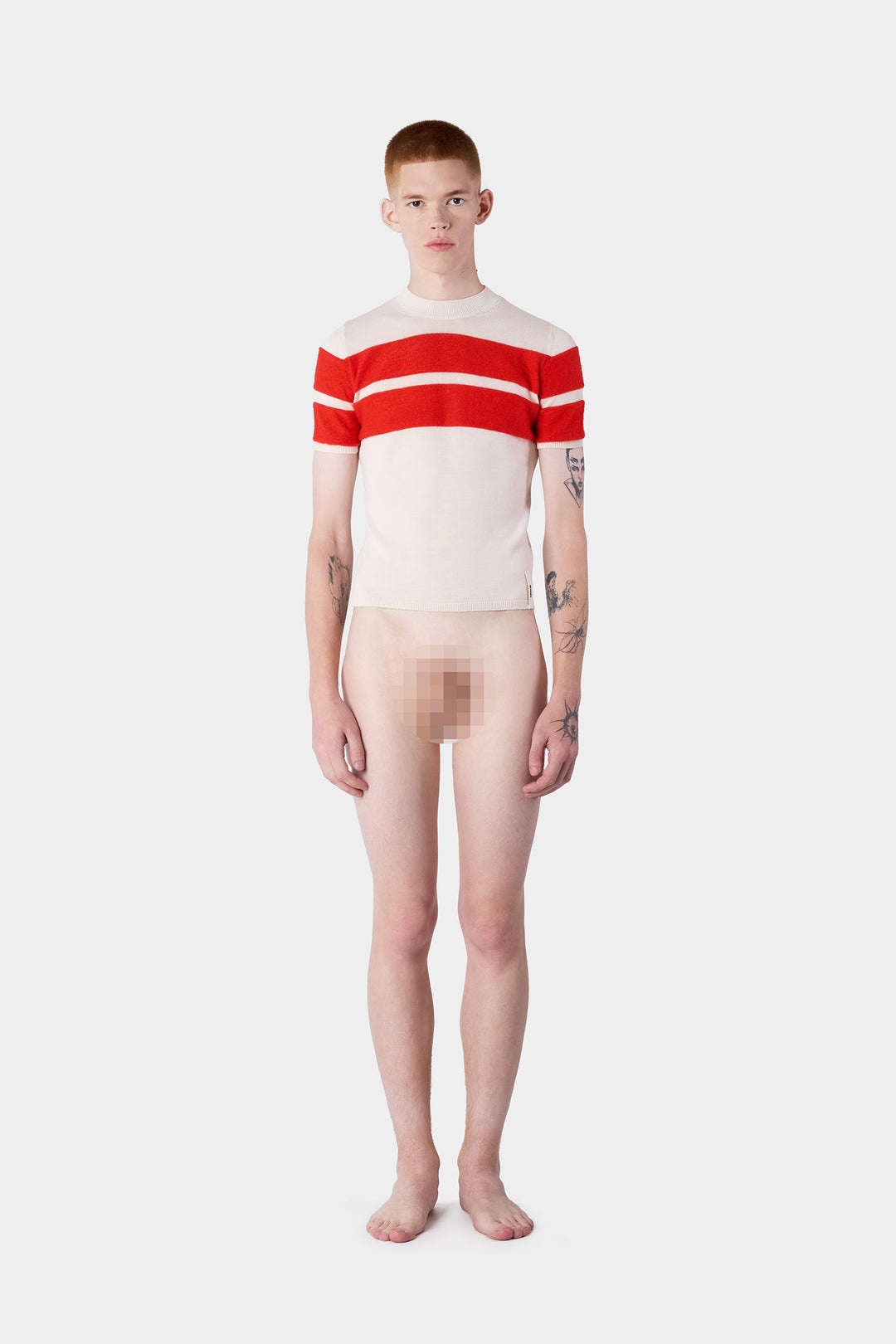 STRIPED KNIT SHORTSLEEVE TOP / off white & acid red - 5
