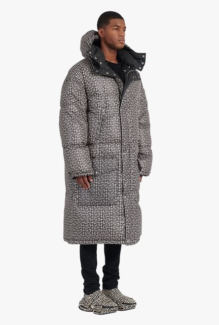 Long ivory and black nylon reversible quilted coat with Balmain monogram - 6