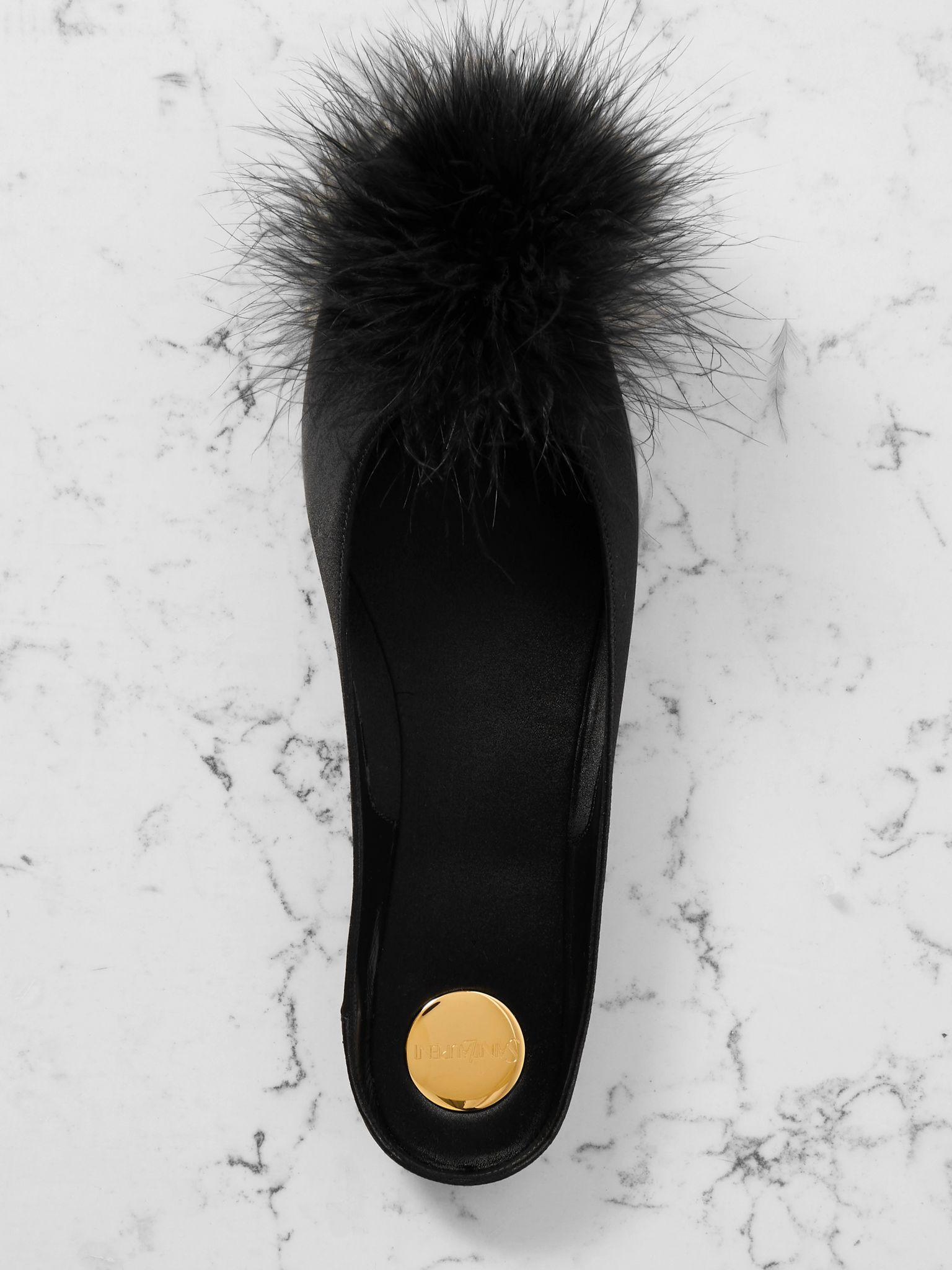 Lido feather-trimmed satin slippers Black - 5