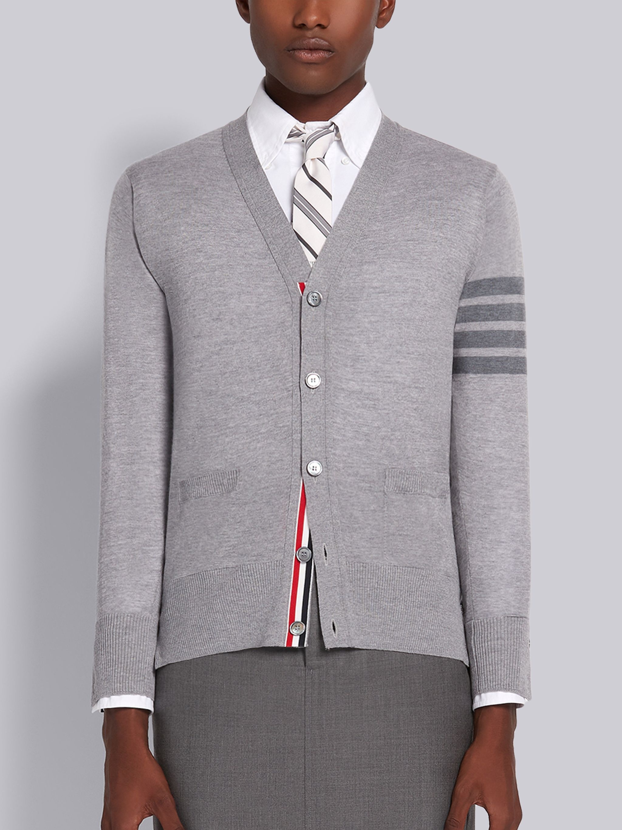 Light Grey Sustainable Fine Merino Wool Center Back Stripe Classic V-neck Cardigan - 1