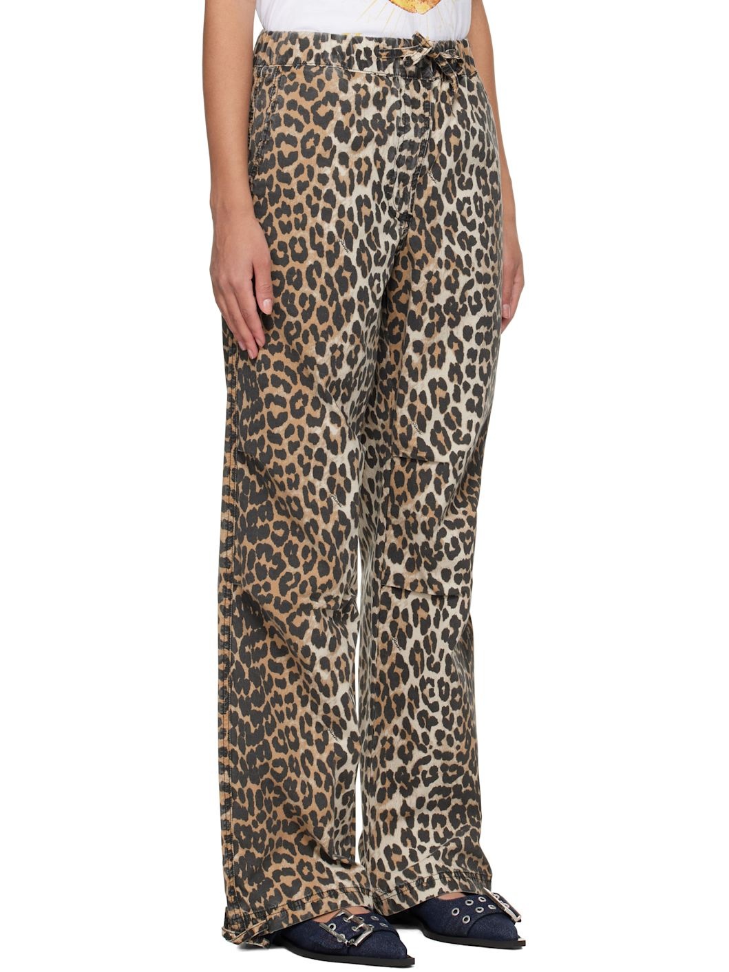 Brown Leopard Washed Cotton Canvas Drawstring Trousers - 2