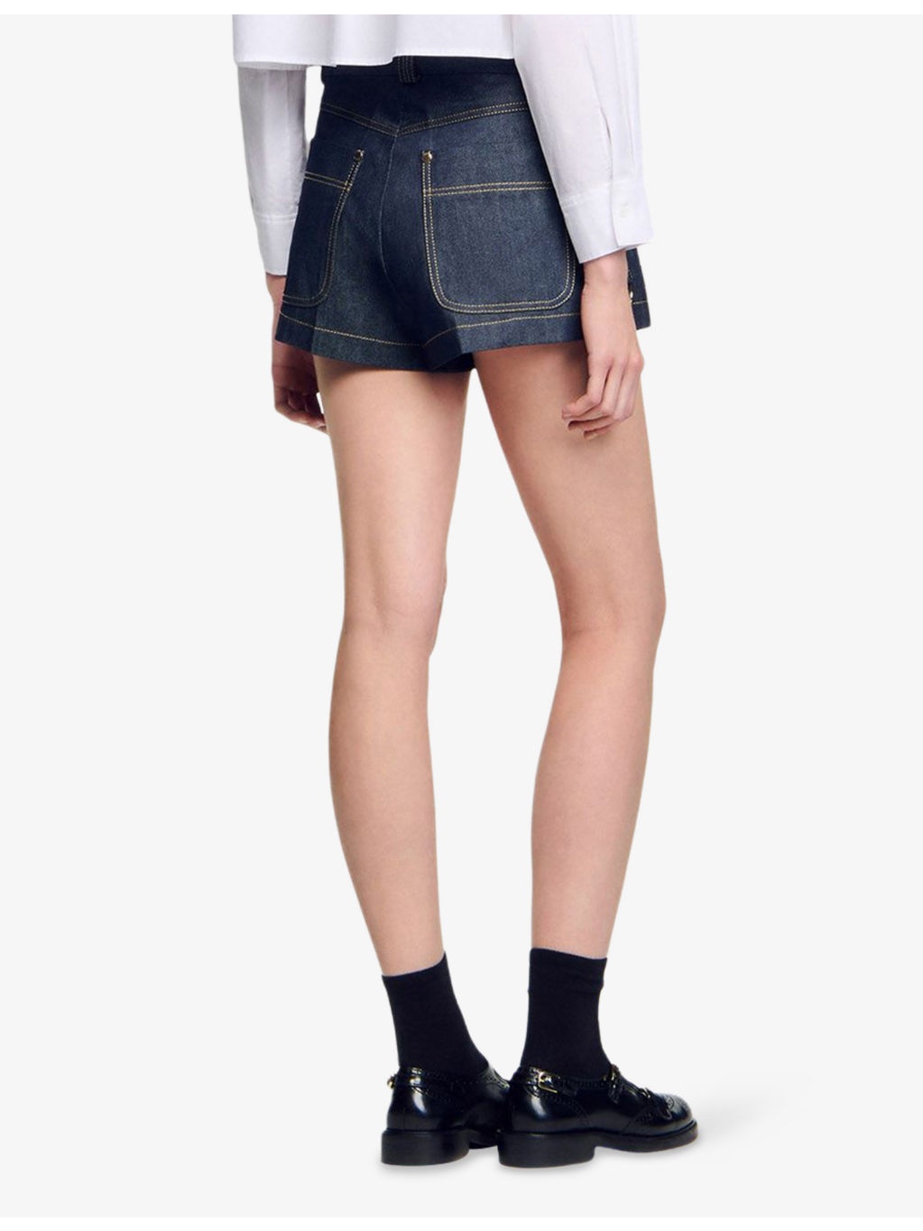 Ring-Embellished Contrast-Stitch Denim Shorts - 4