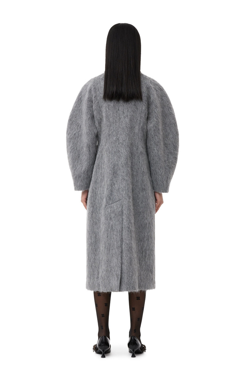 GANNI GREY FLUFFY WOOL CURVED SLEEVES COAT - F8688 | REVERSIBLE