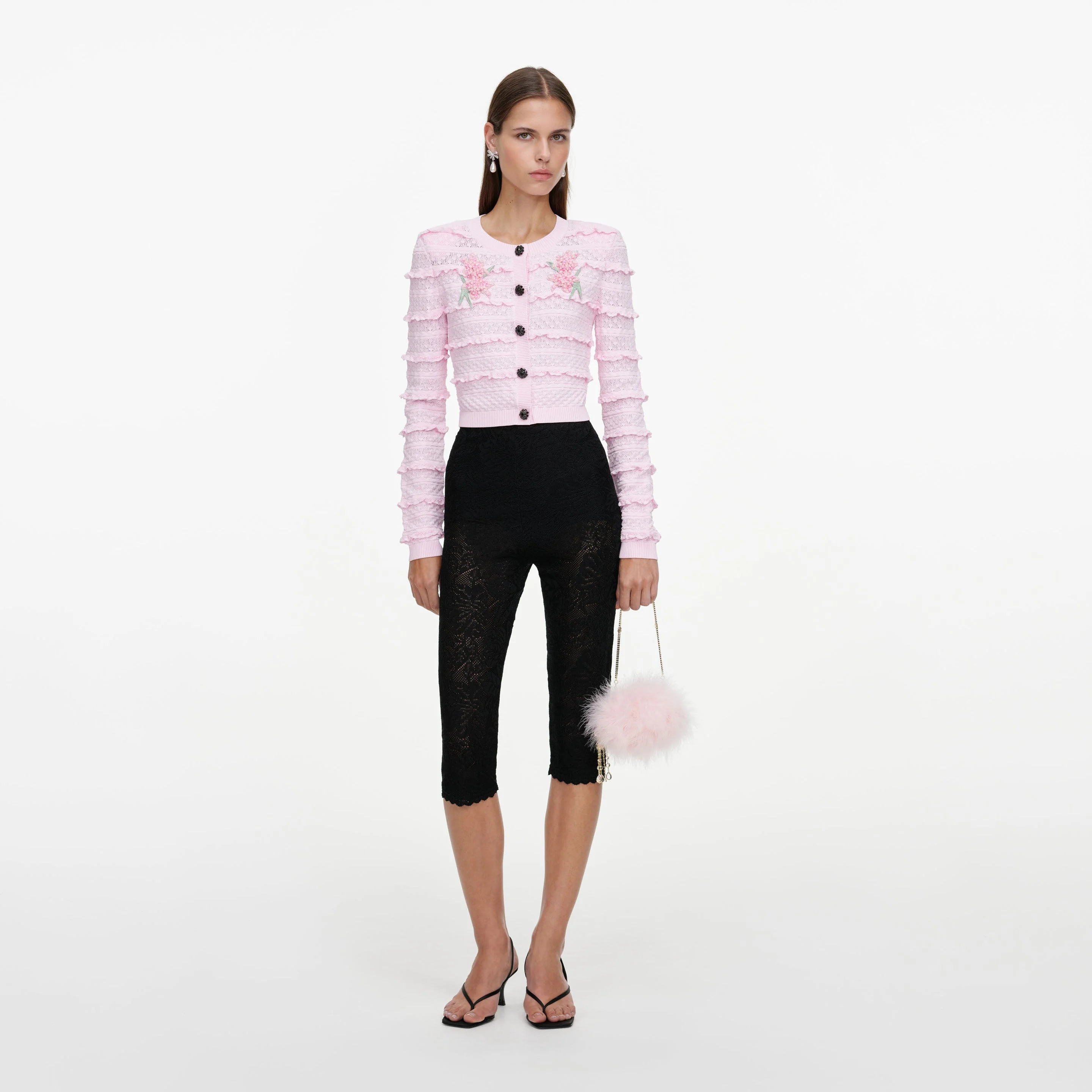 Pink Flower Pointelle Knit Cardigan - 1