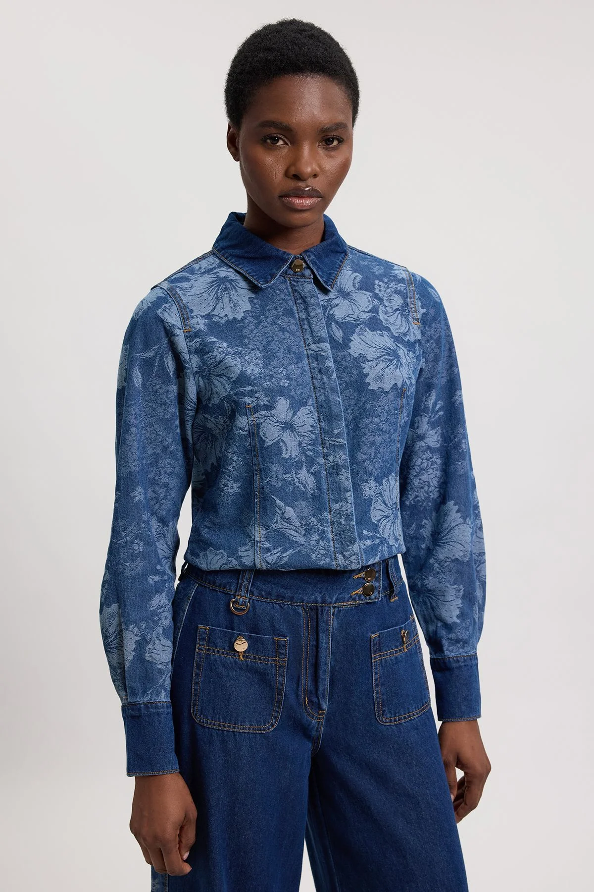Denim & Jacquard Contrast Wide Leg Jean - 1