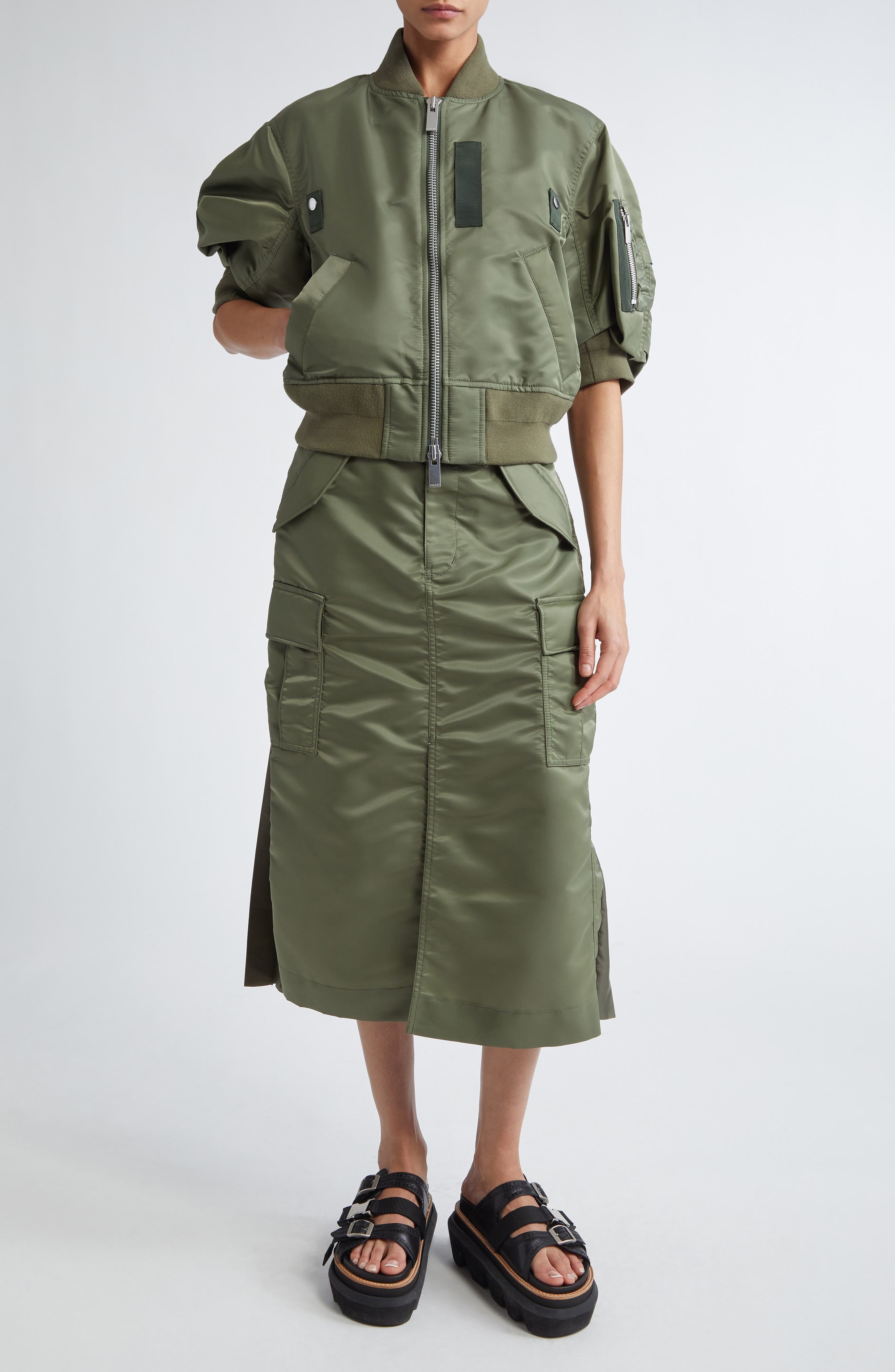 Sacai Insulated Nylon Twill Midi Cargo Skirt in Khaki 501 at Nordstrom - 2