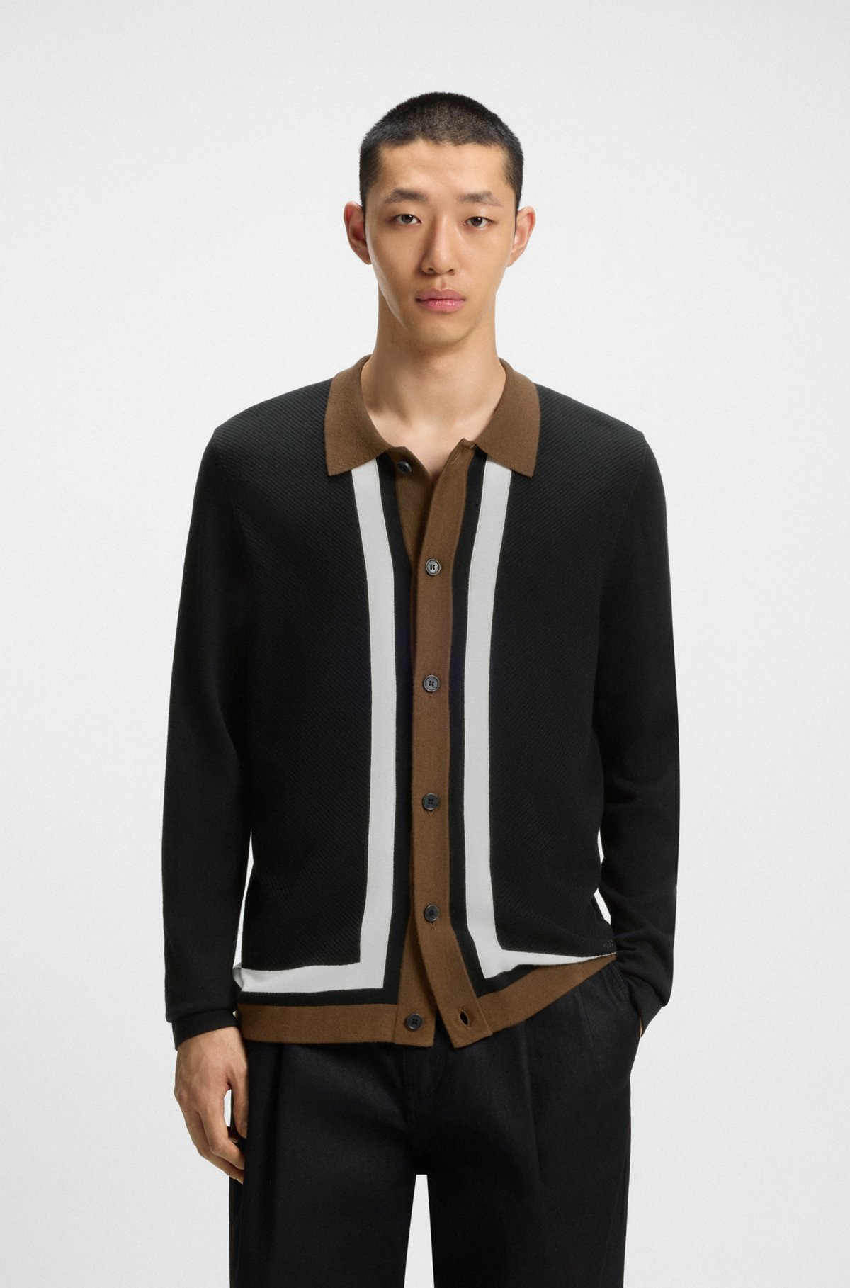 BUTTON-UP SWEATER WITH CONTRAST STRIPES - 2