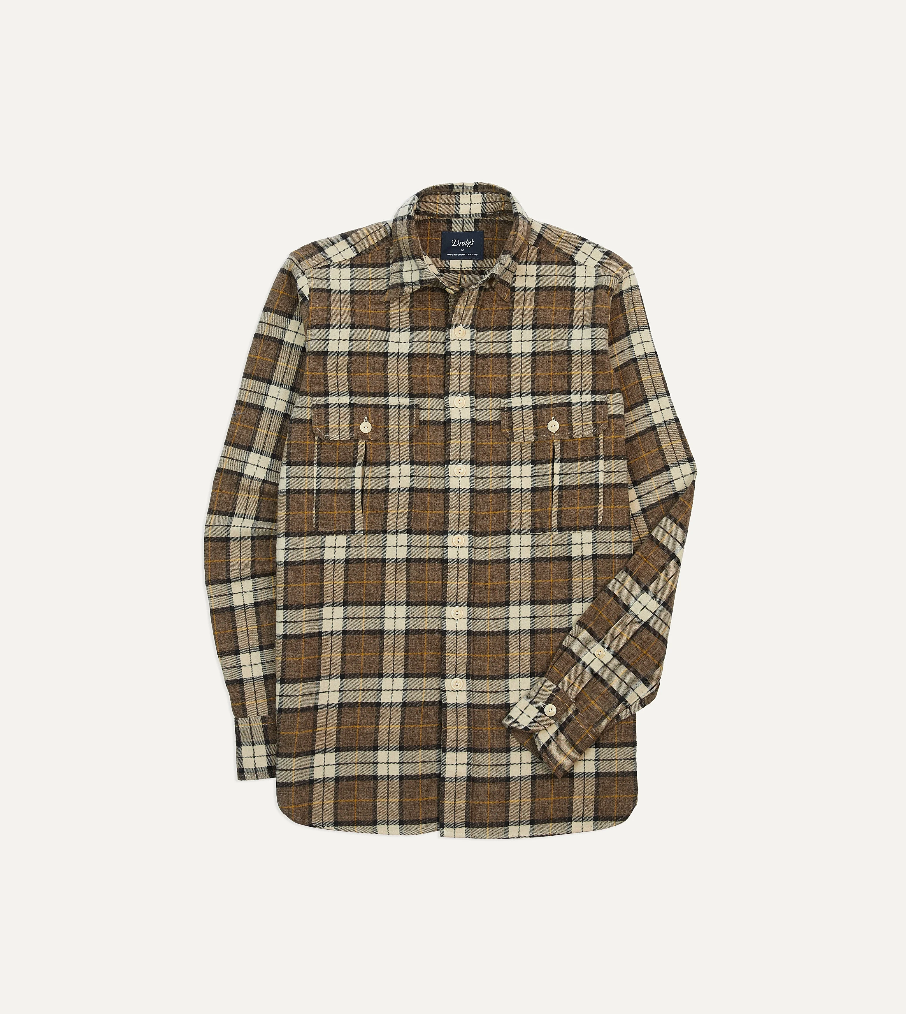 Brown Check Brushed Cotton Two-Pocket Work Shirt - 1