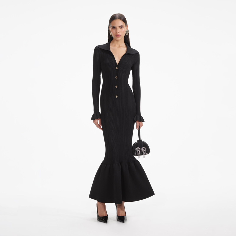 self-portrait Black Ribbed Knit Fluted Midi Dress - AW24-071M-B | REVERSIBLE