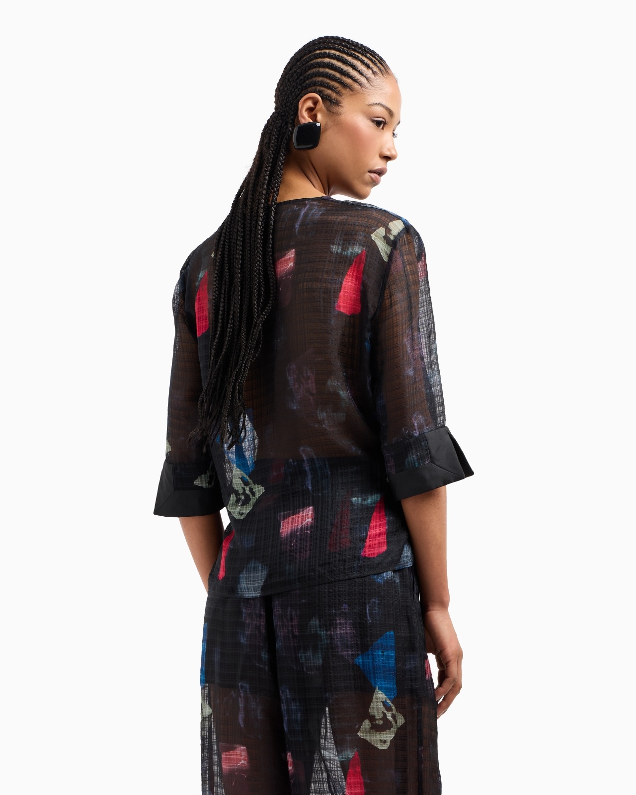 SILK BLOUSE WITH TORCHON WITH MICRO CHECK MOTIF AND ABSTRACT PRINT - 3