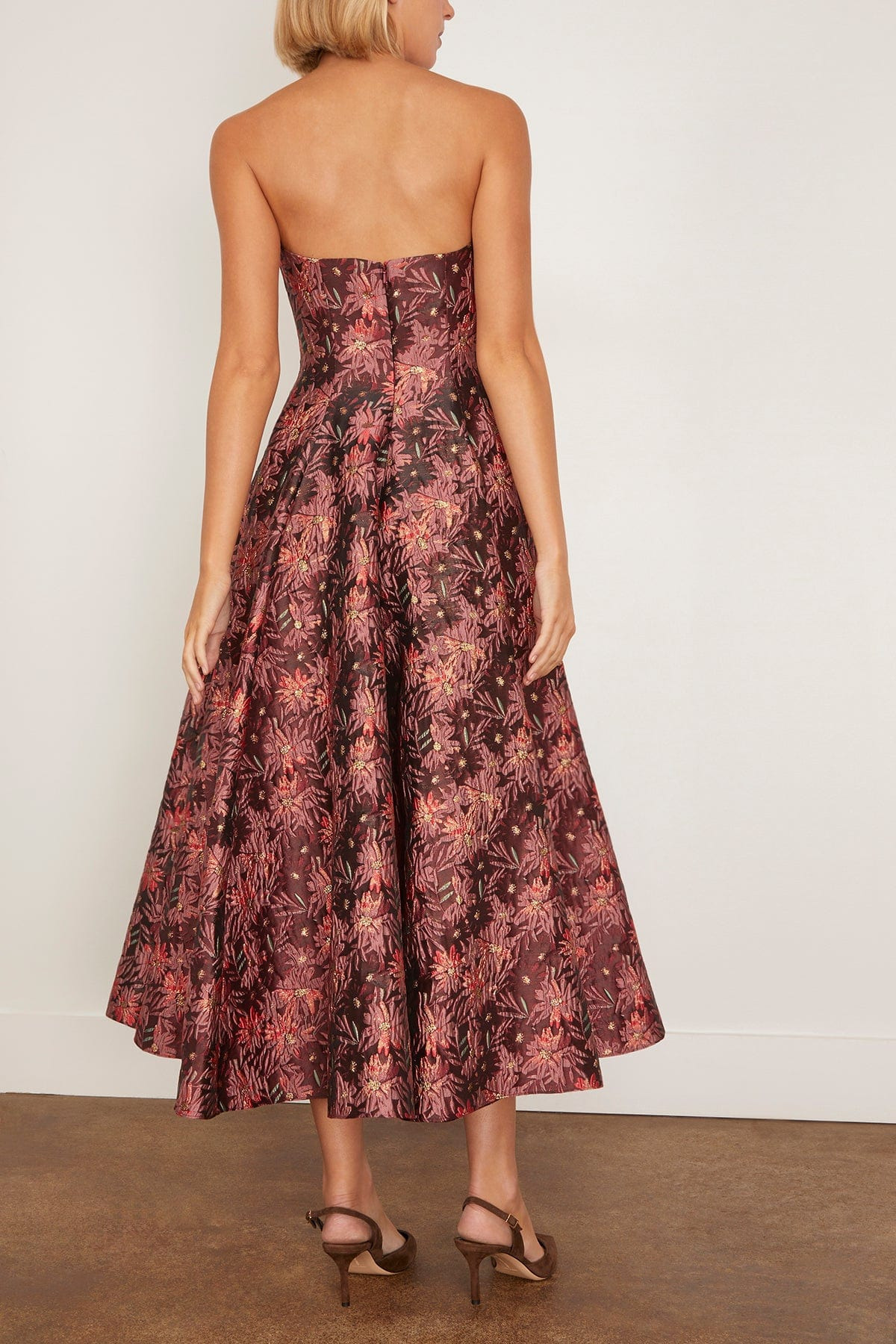 Rousseau Floral Brocade Midi Dress in Burgundy Metallic Daisy - 4