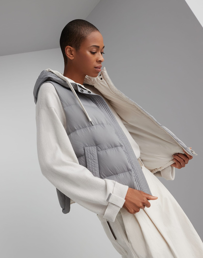 Lightweight matte nylon down vest with hood and shiny trim 4