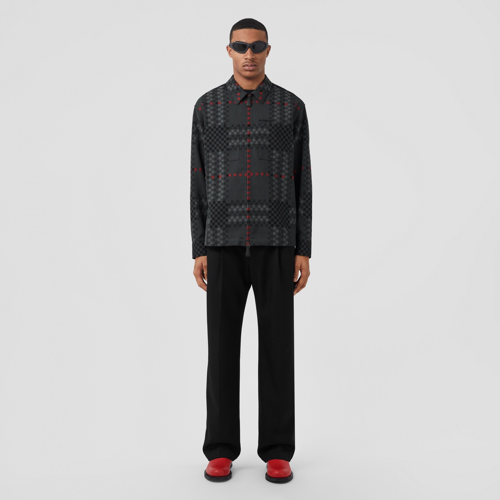 Pixel Check Wool Cotton Blend Zip-front Shirt - 3