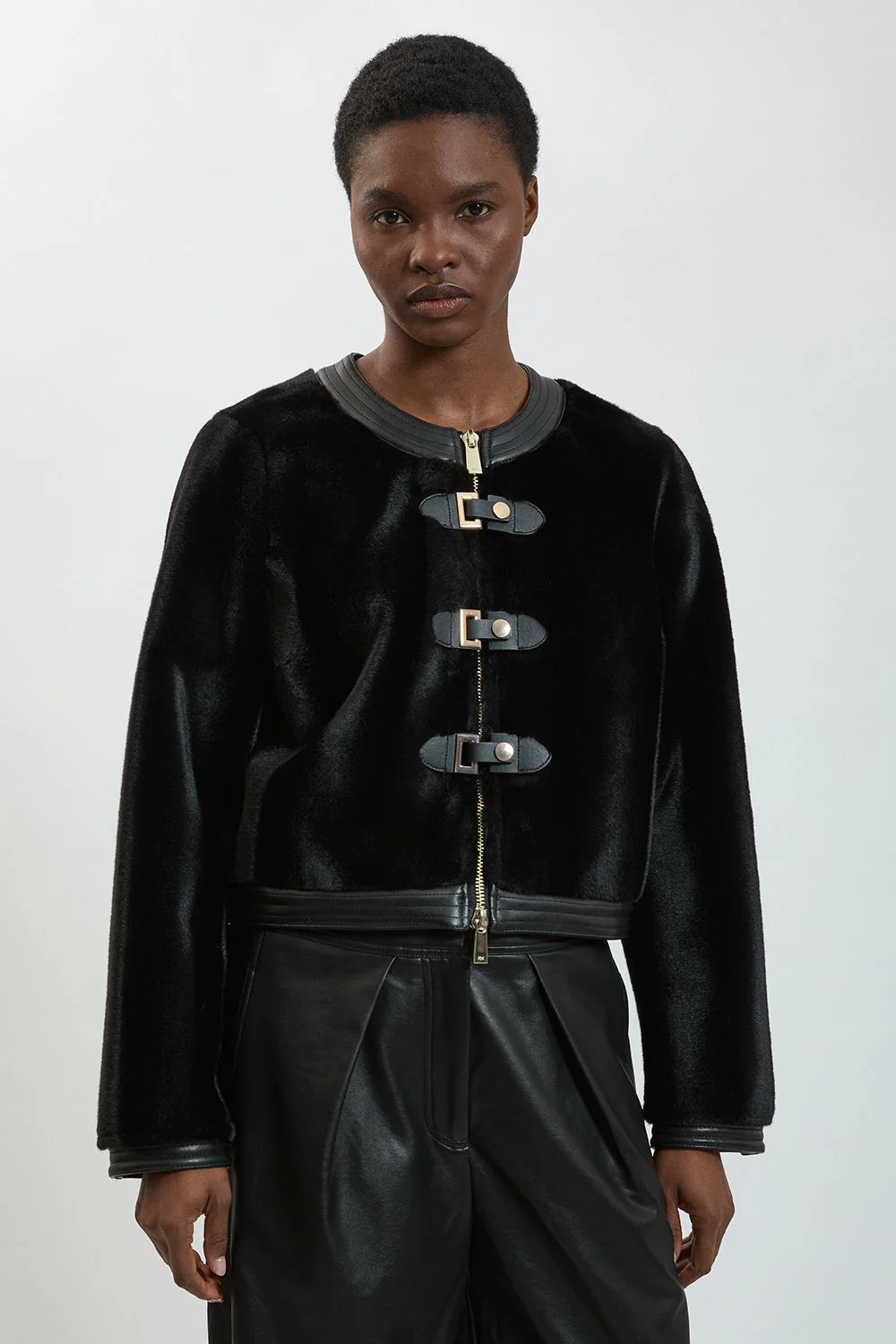Faux Fur & Faux Leather Buckle Detail Collarless Tailored Short coat - 1