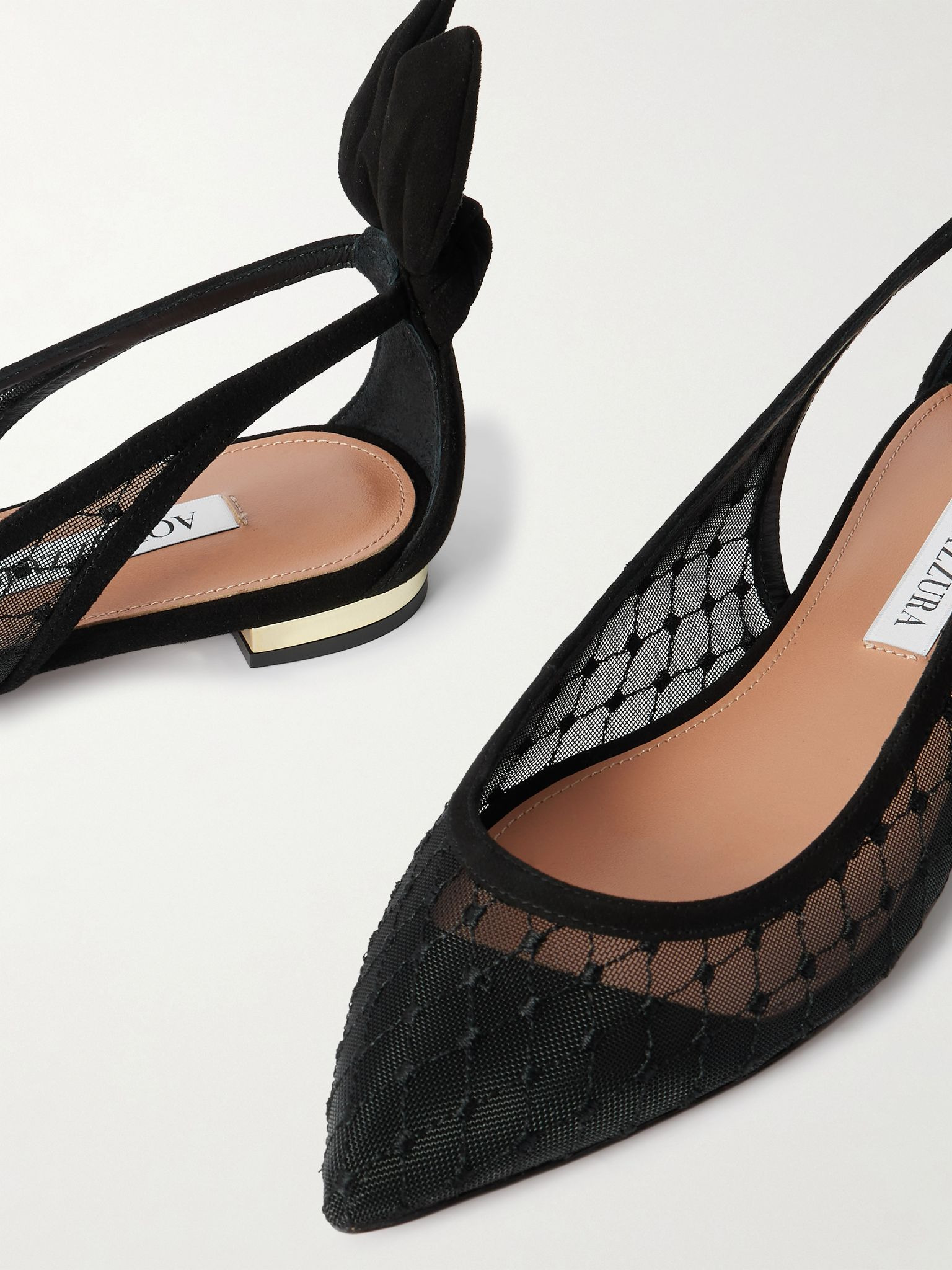 Bow Tie suede-trimmed fishnet pointed-toe ballet flats Black - 4