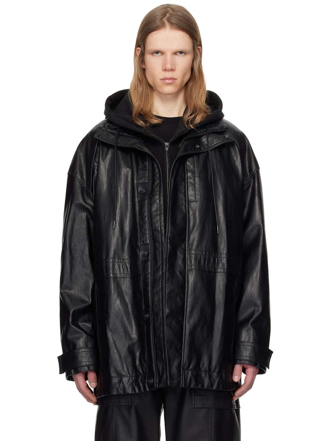 Juun. J Black Hood Detachable Car Faux-Leather Coat - 1