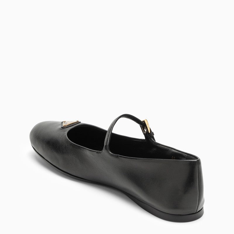 【PRADA】Black leather ballerina with logo triangle Prada Prada Black Leather Ballerina With Logo Triangle Women