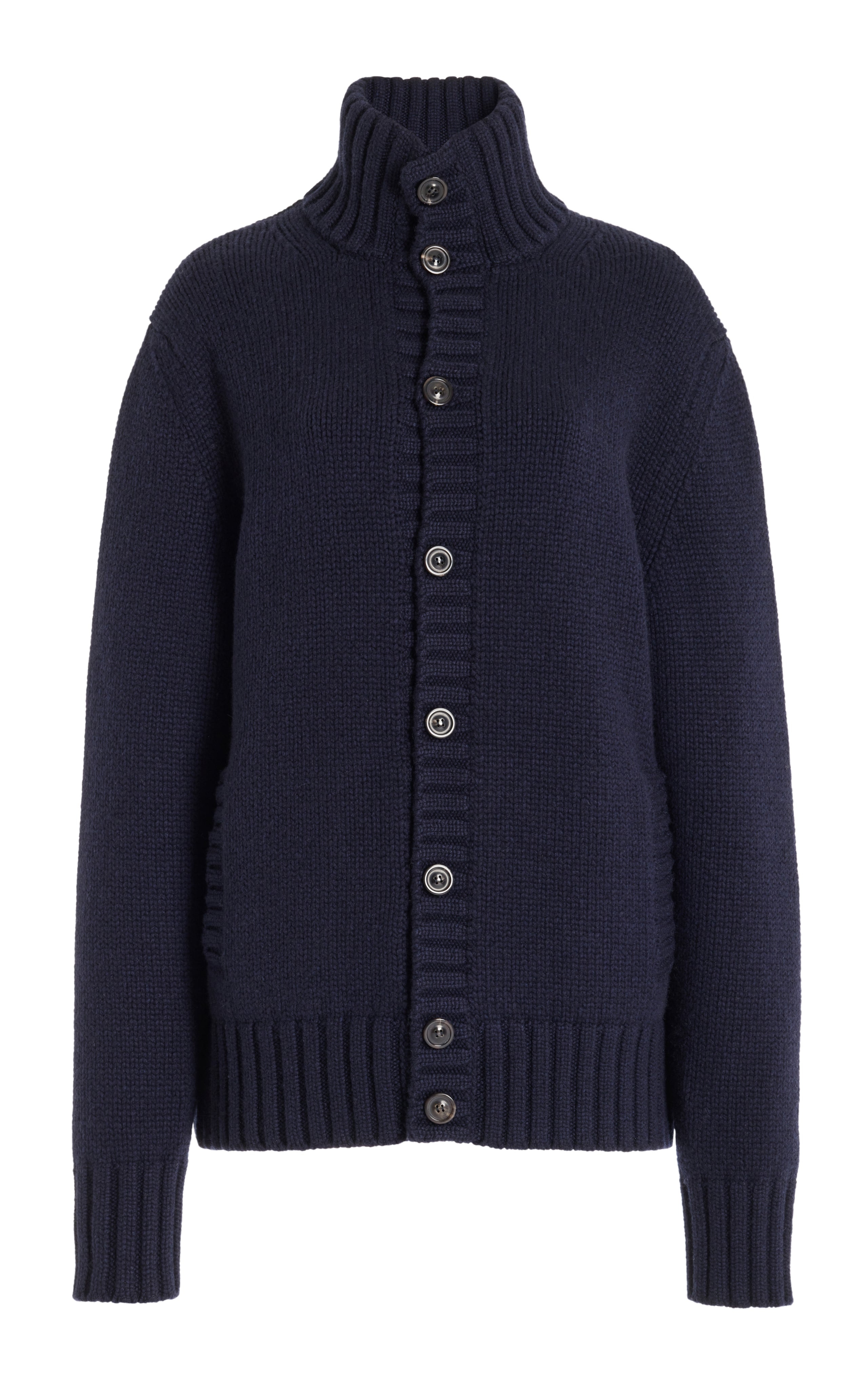 Jacobo Knit Turtleneck Cardigan in Dark Navy Piuma Cashmere - 1