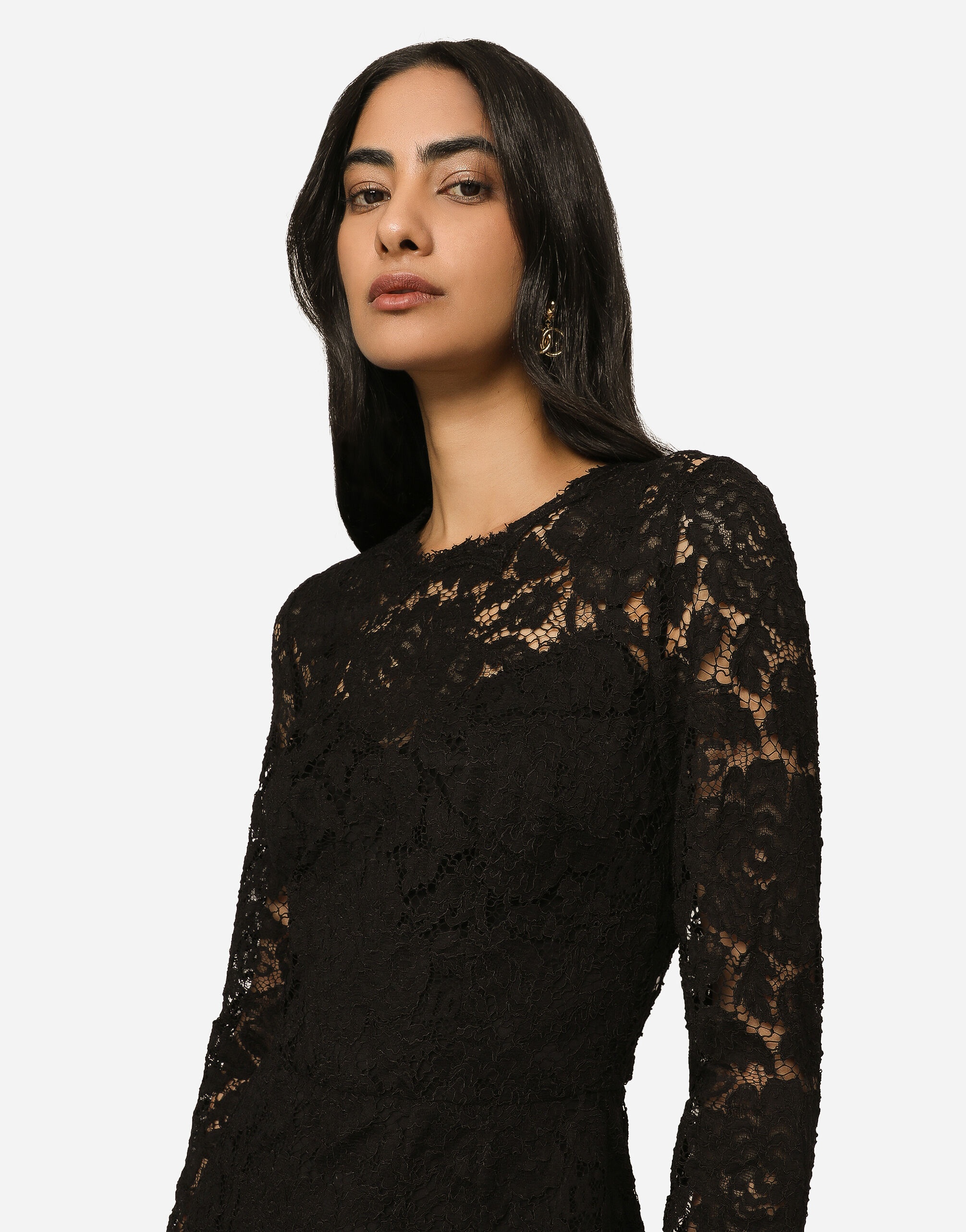 Long-sleeved calf-length dress in branded stretch lace - 4