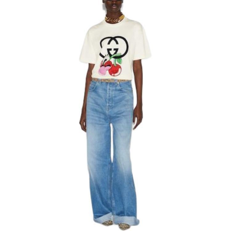 (WMNS) Gucci Cotton Jersey Printed T-Shirt 'Off White' 776596-XJGHP-9088 - 2