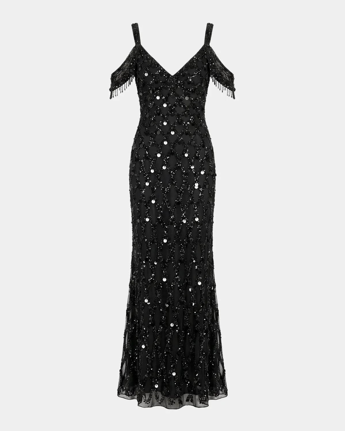 Beaded Mesh Off-The-Shoulder Column Gown - 1