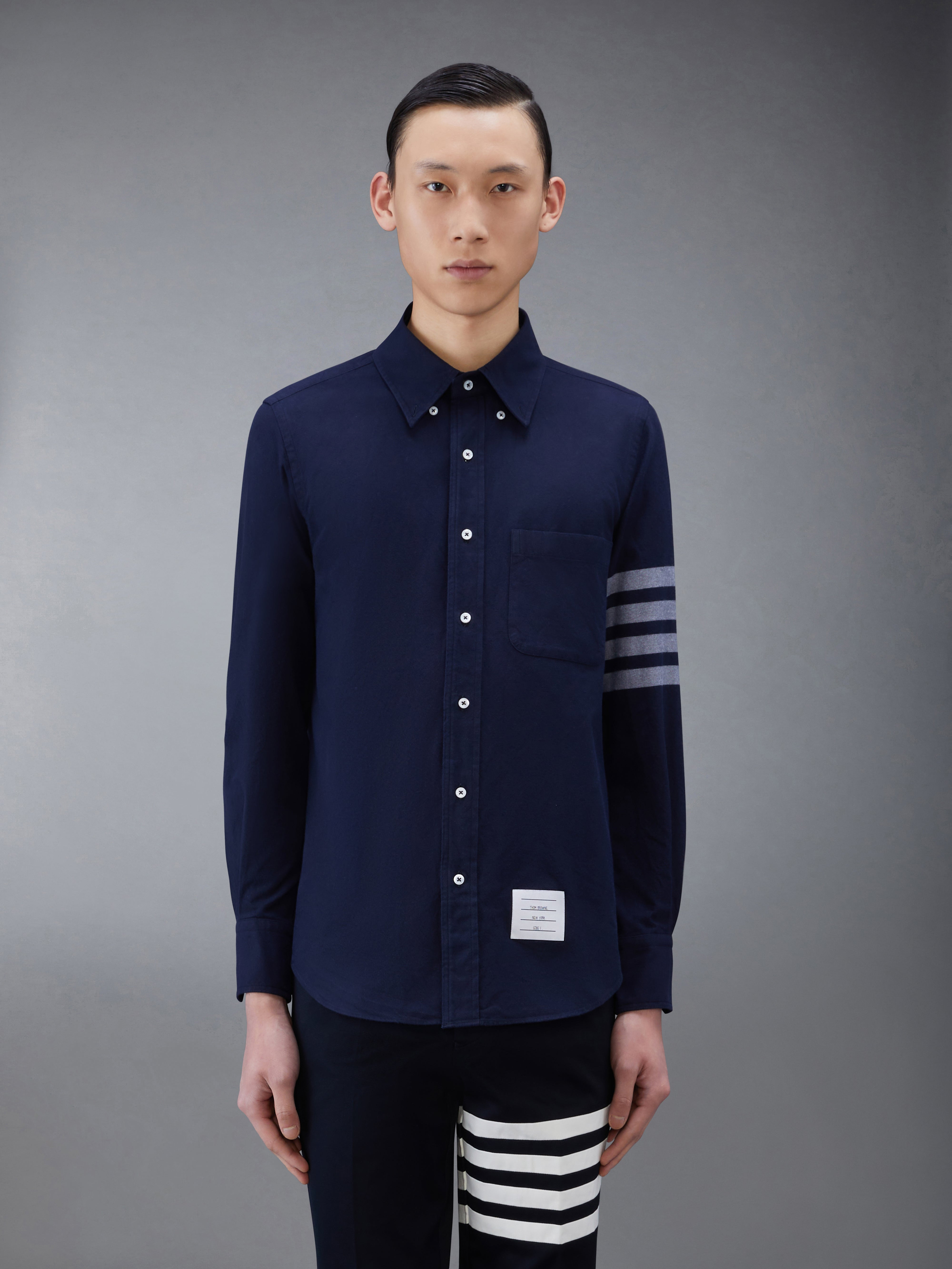 Navy Solid Flannel Shirting 4-bar Nametag Straight Fit Shirt - 2