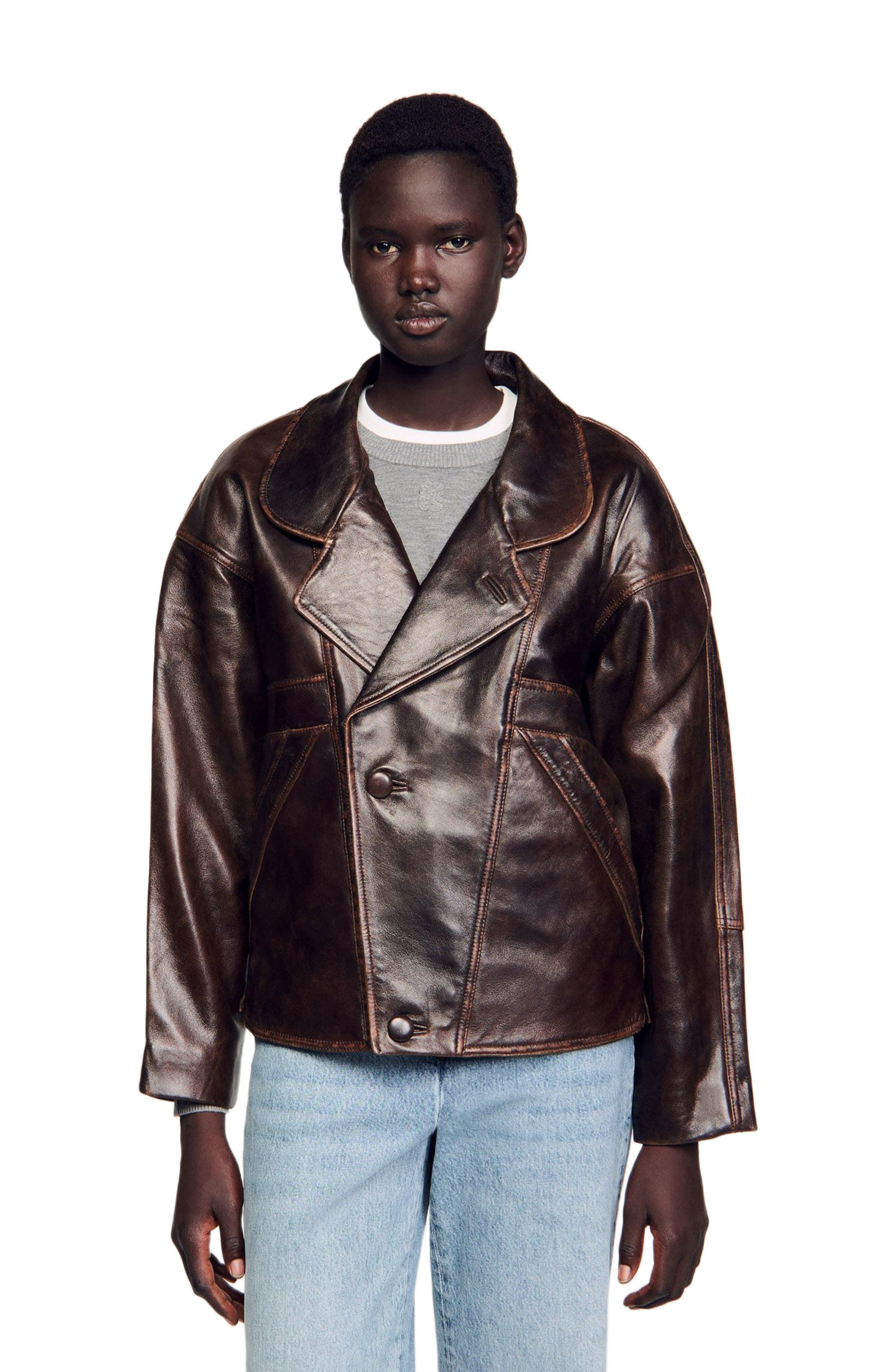 SANDRO Oversized leather jacket in Brown at Nordstrom - 1