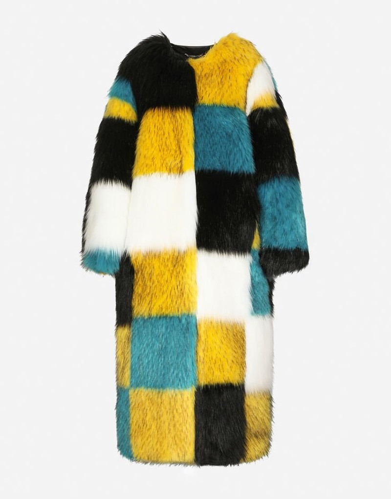 Damier-design long-hair faux fur coat 3