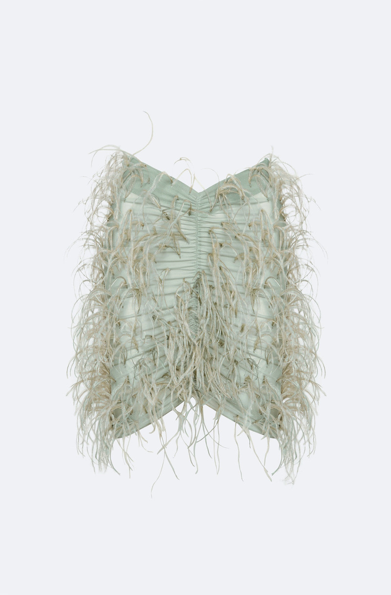 Mesh Ruched Mini Skirt With Feathers 1
