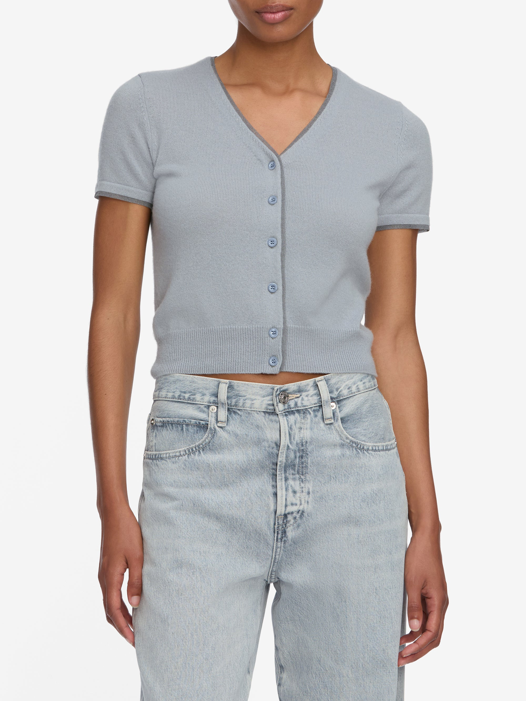 The Cashmere Mix Trim Cardi in Grey Blue - 3