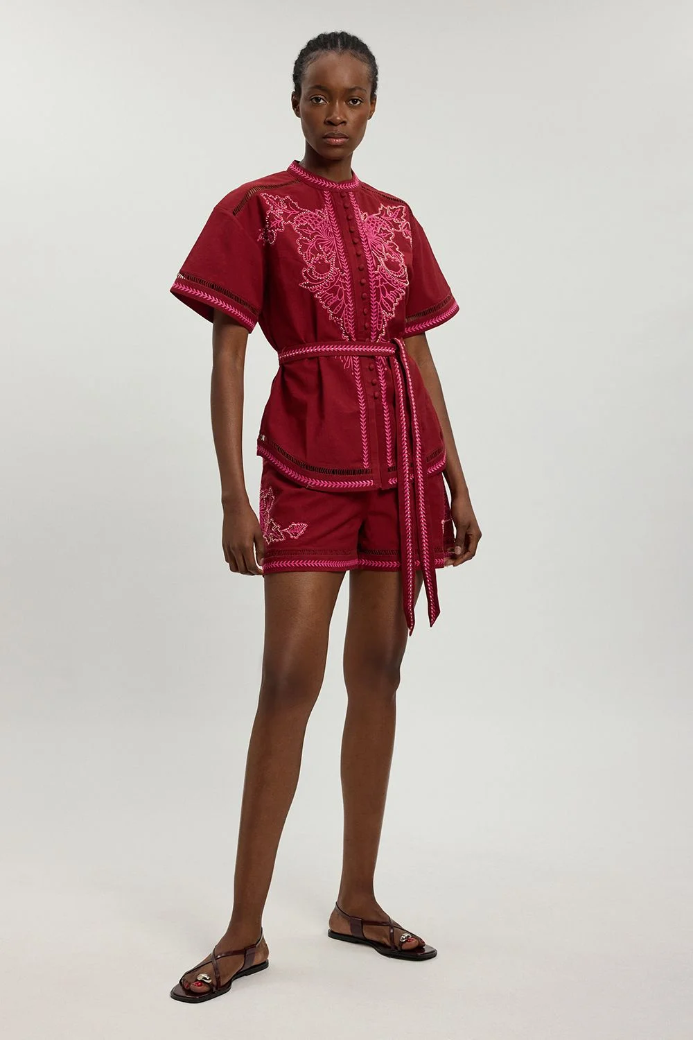 Linen Blend Beaded Embroidery Shirt Co ord - 1