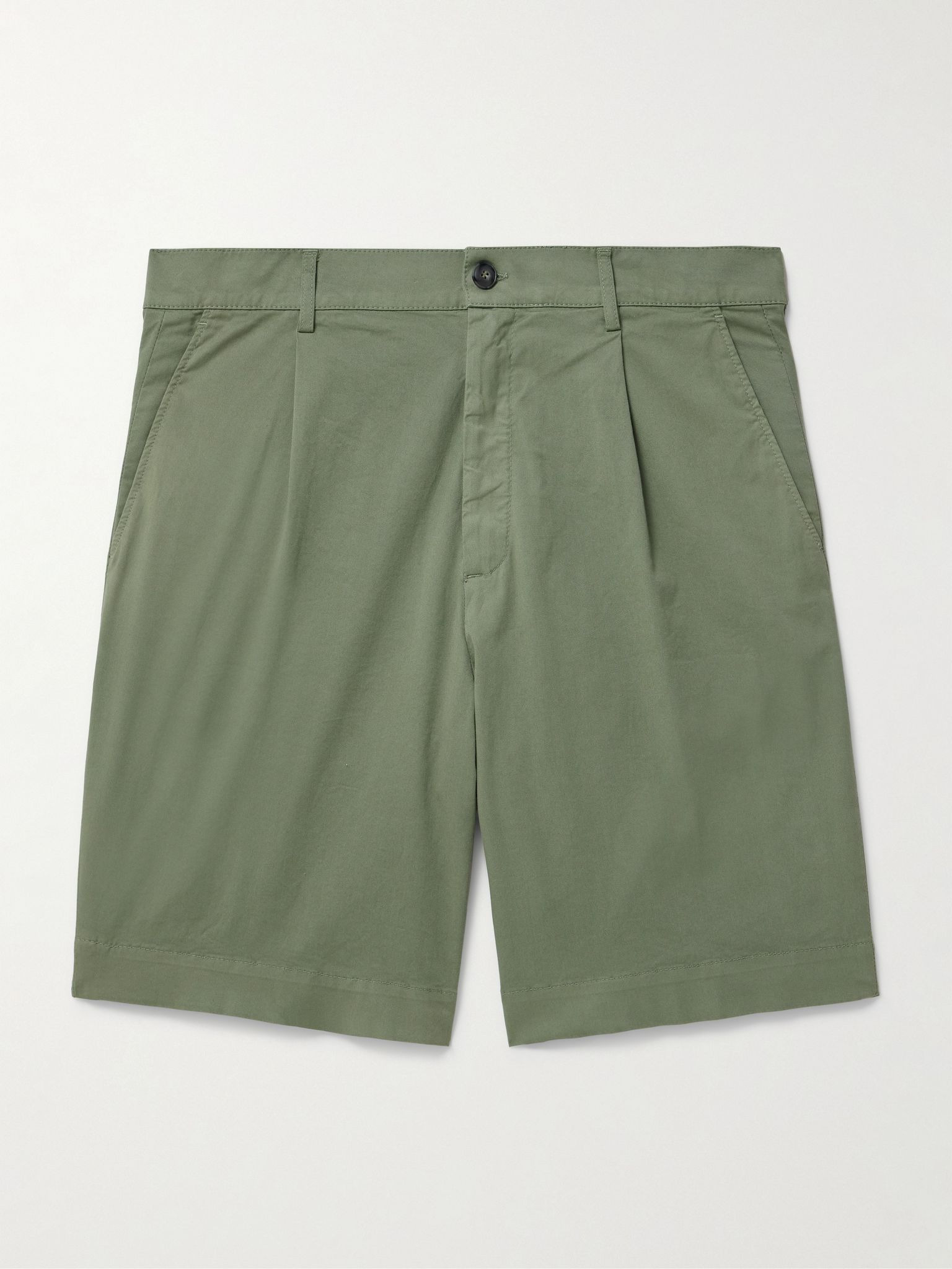 Slim-Fit Straight-Leg Pleated Stretch-Cotton Shorts Green - 1