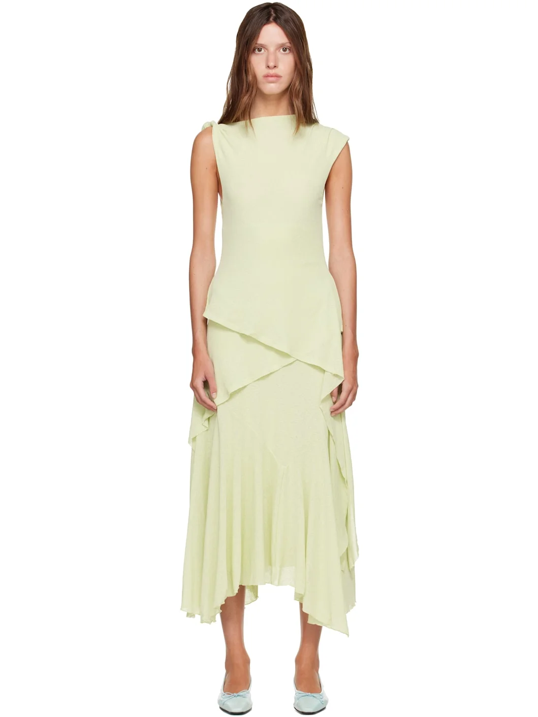 Green Marl Mesh Draped Knot Detailing Maxi Dress - 1