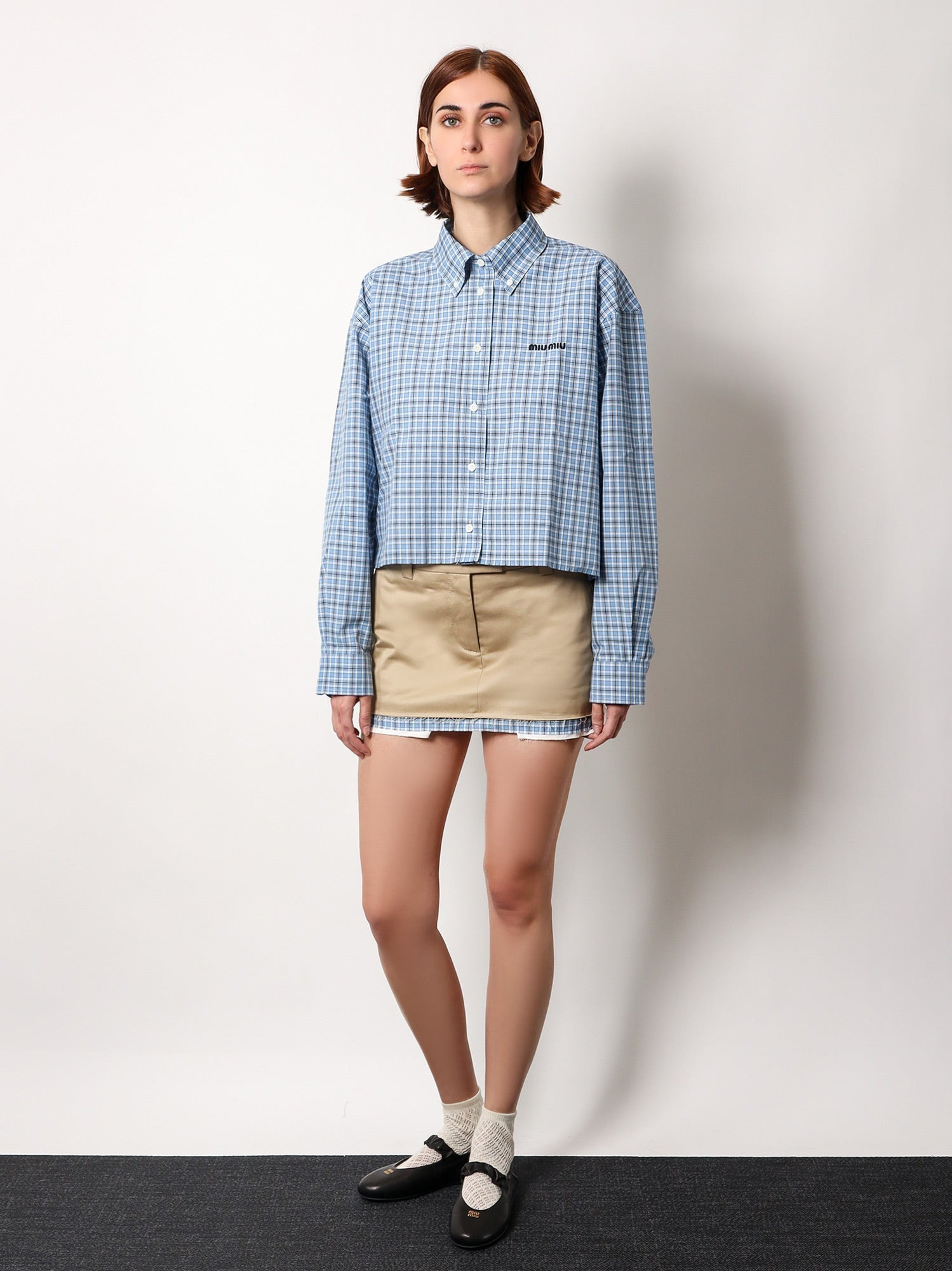 Miu Miu Cotton Skirt With Check Insert On The Bottom - 2