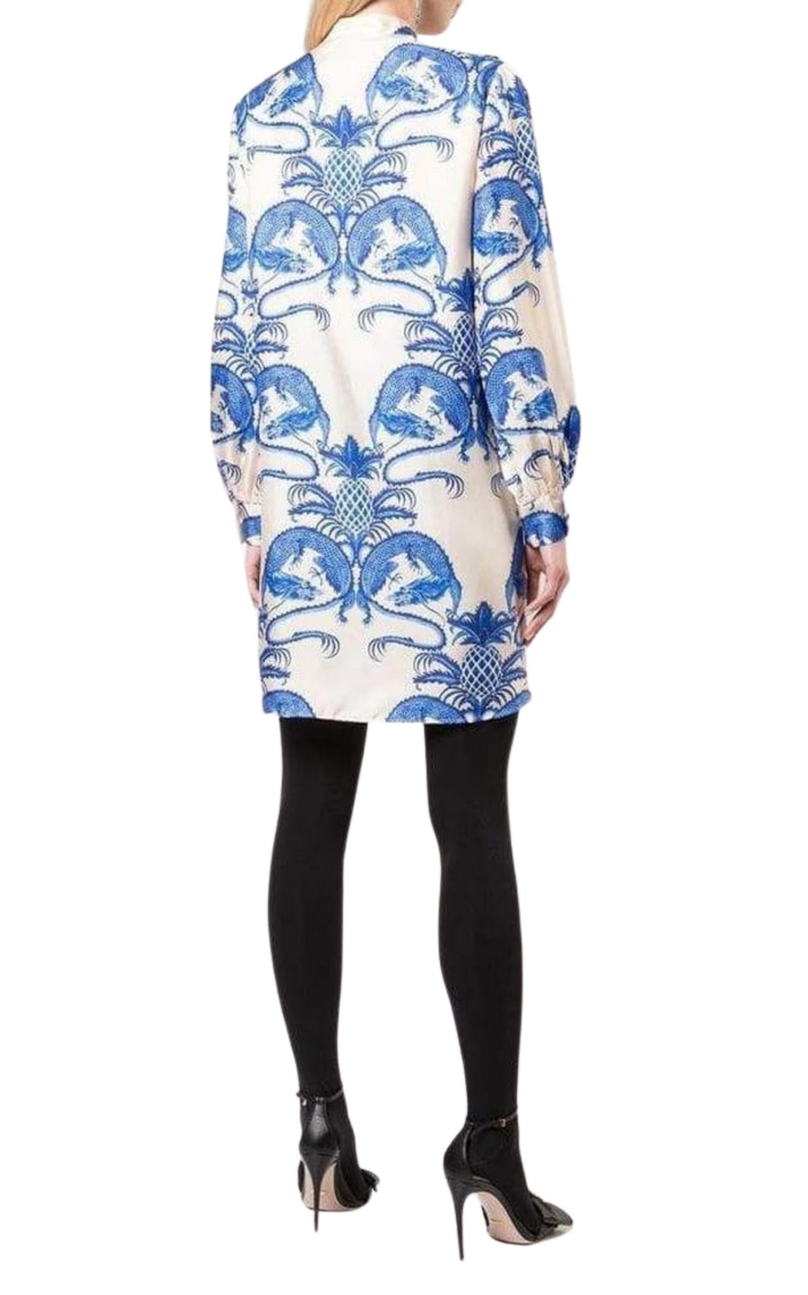 Silk Dragon Print Twill Ruffle Neck Dress - 4