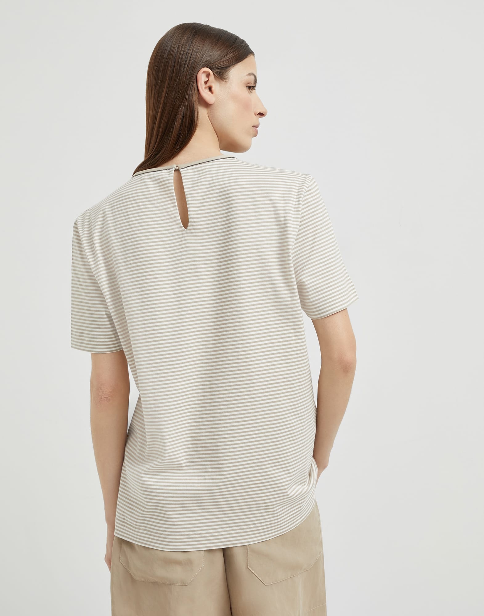 Striped cotton jersey T-shirt with shiny neck detail - 2