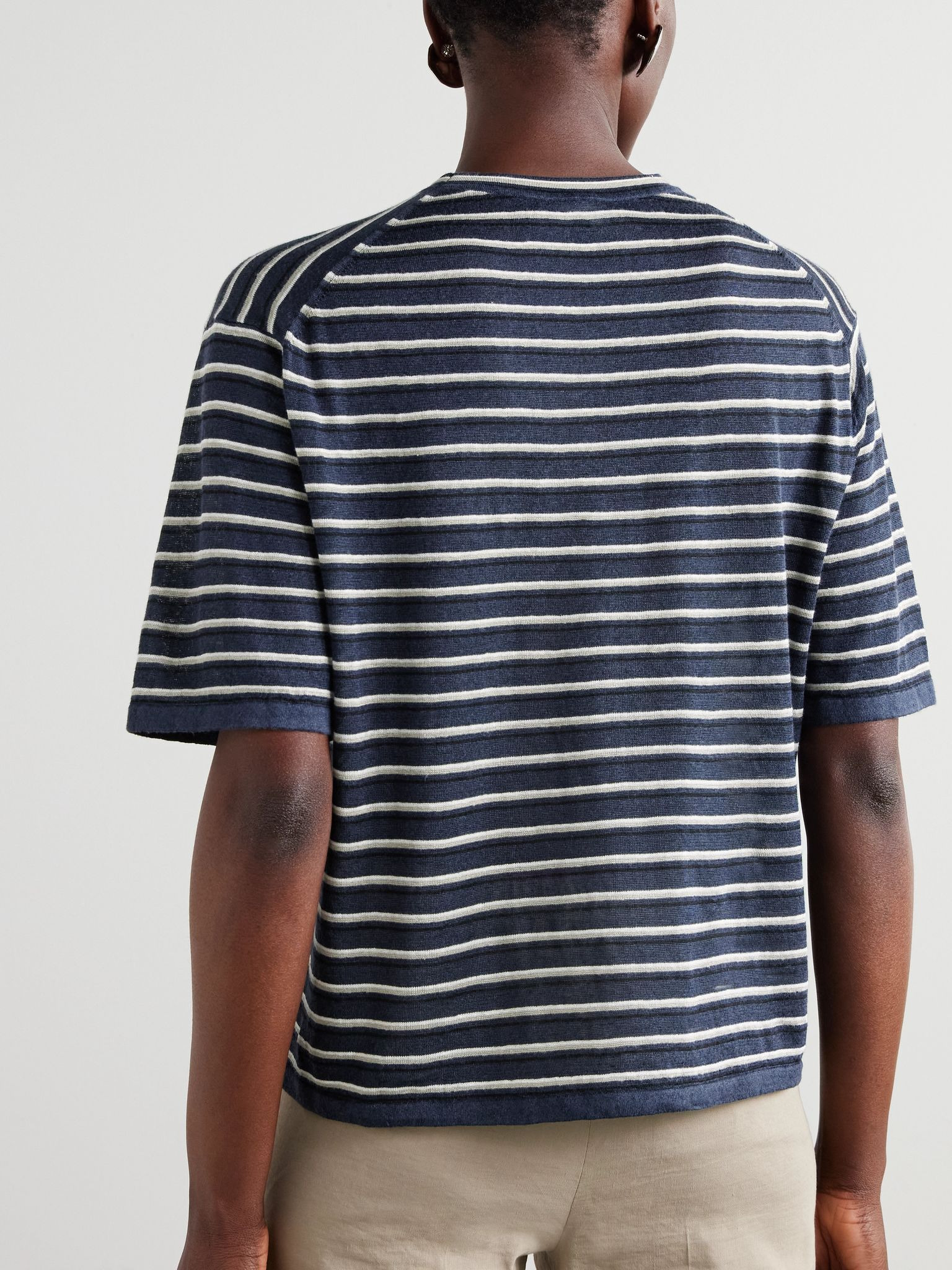 Striped linen-blend T-shirt Navy - 4