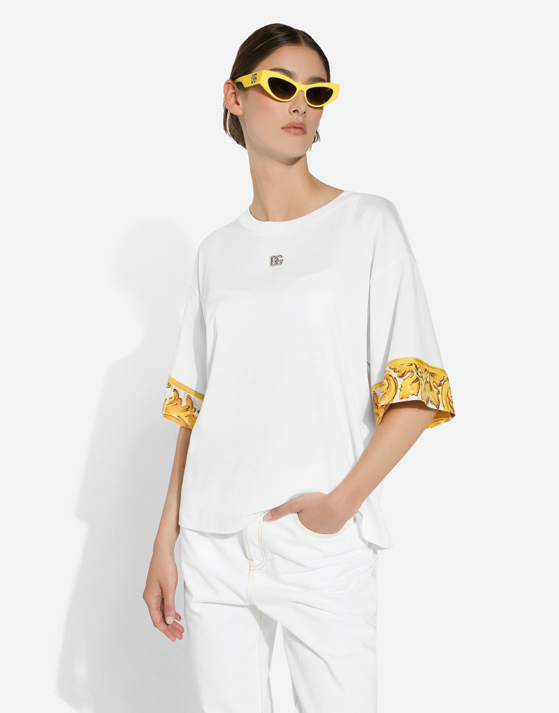 Cotton jersey T-shirt with majolica-print silk twill details 4