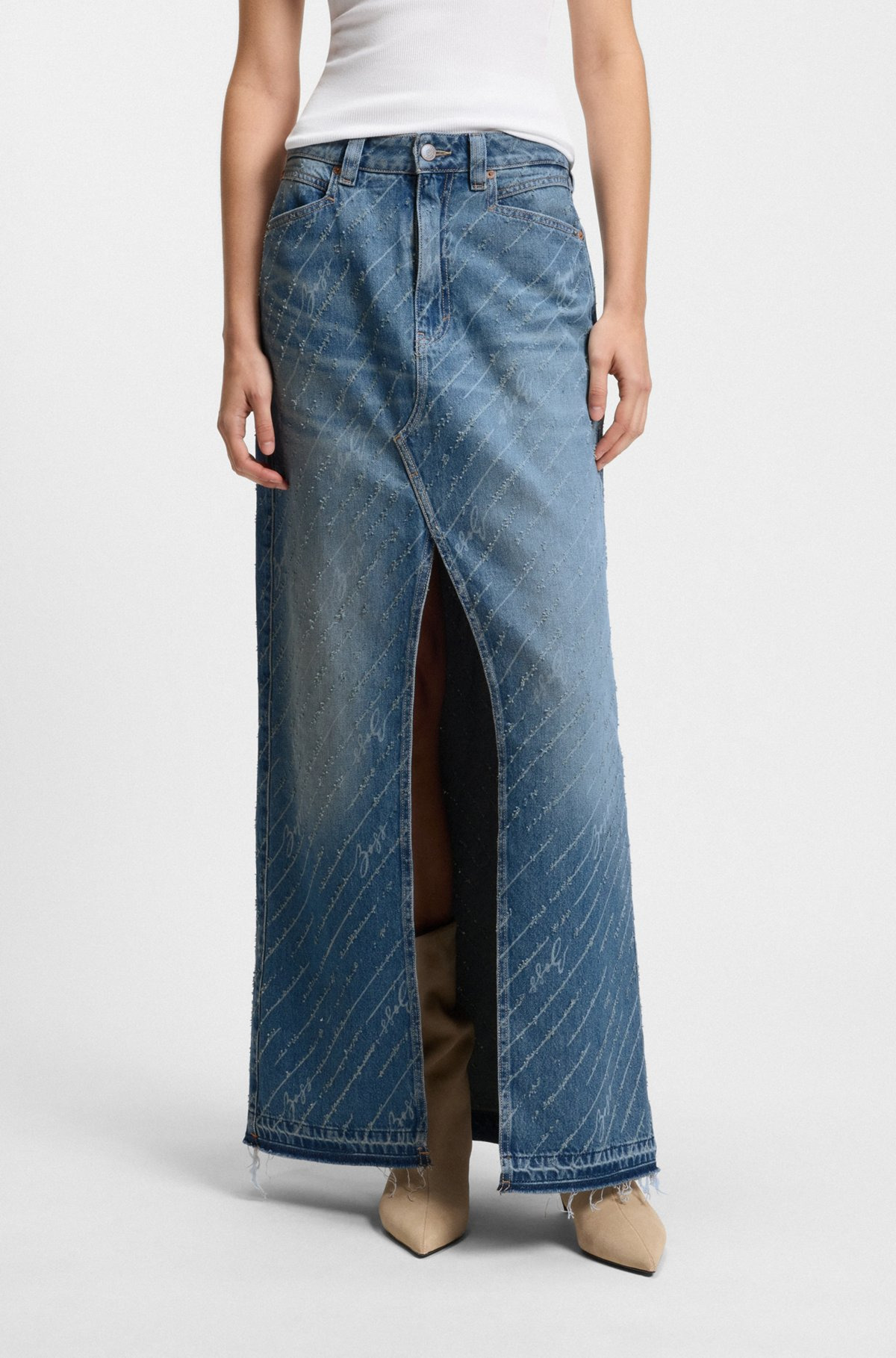 DENIM SKIRT WITH LOGO PINSTRIPE PATTERN AND FRONT SLIT - 2