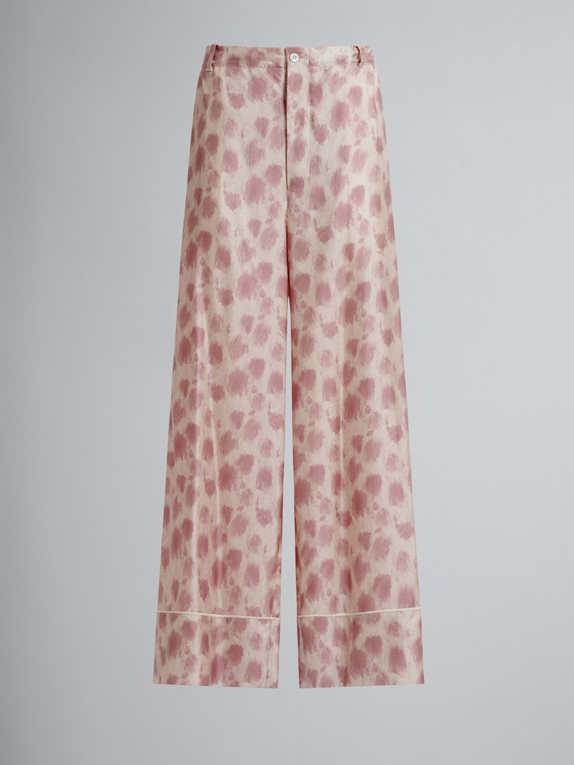 DUSTY PINK SILK PALAZZO TROUSERS WITH CRAYON LEOPARD PRINT - 1