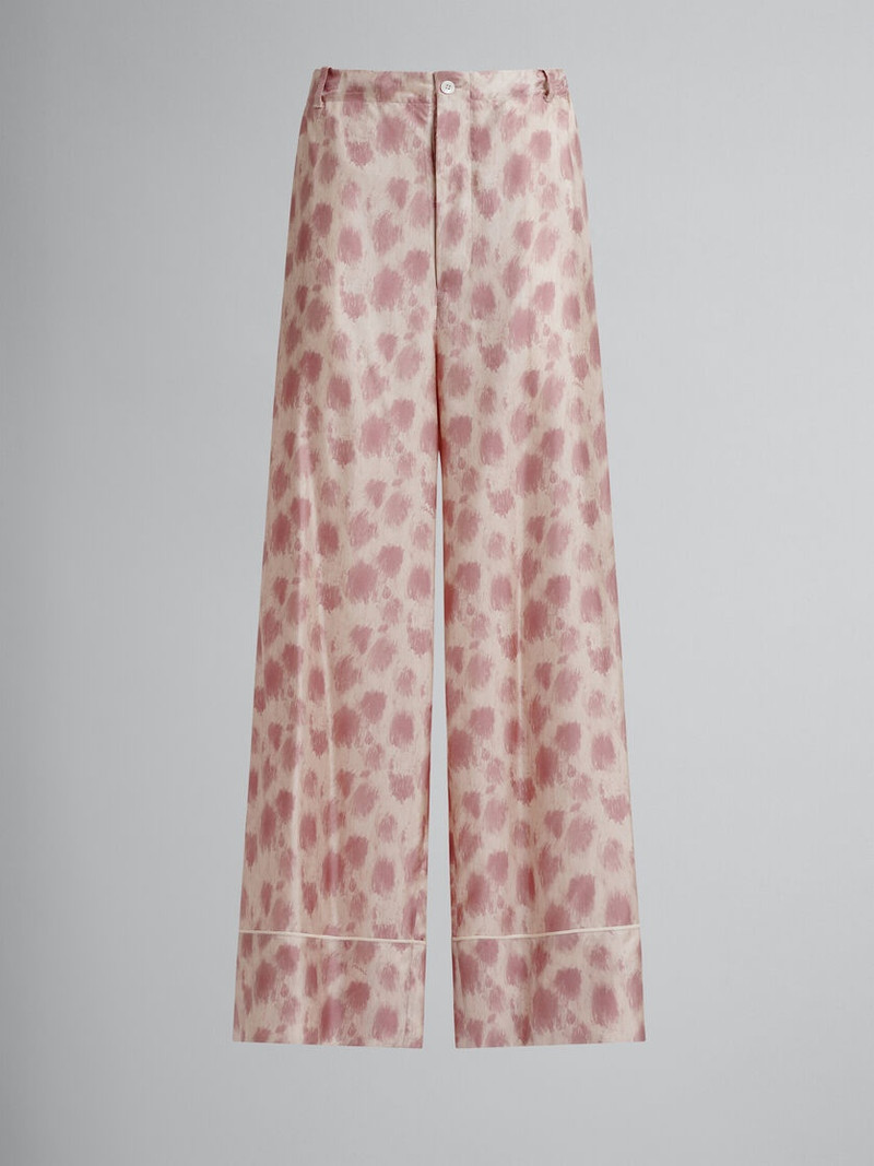 DUSTY PINK SILK PALAZZO TROUSERS WITH CRAYON LEOPARD PRINT 1
