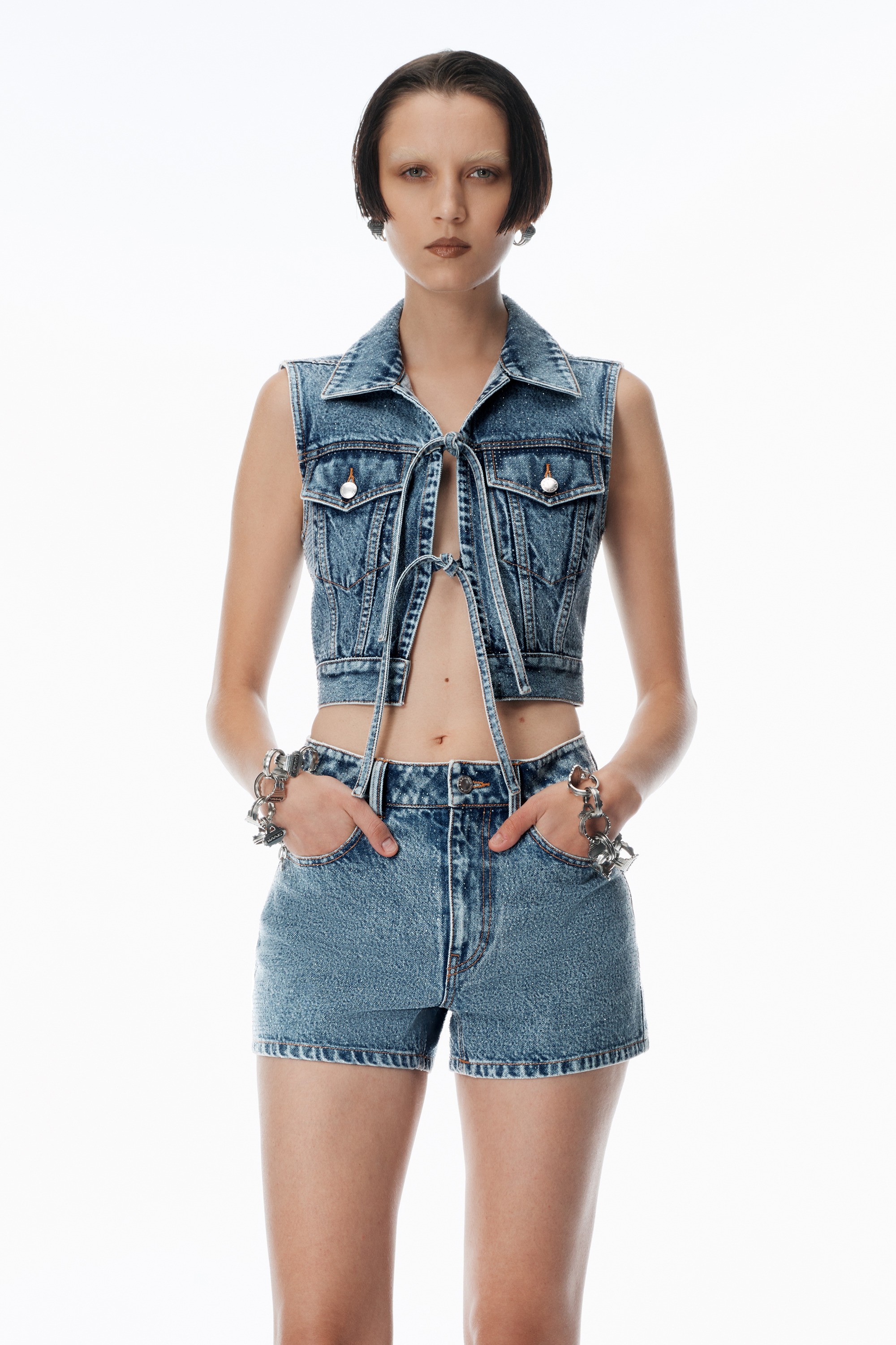 Clear Bead Hotfix Denim Vest with Tie Front - 2