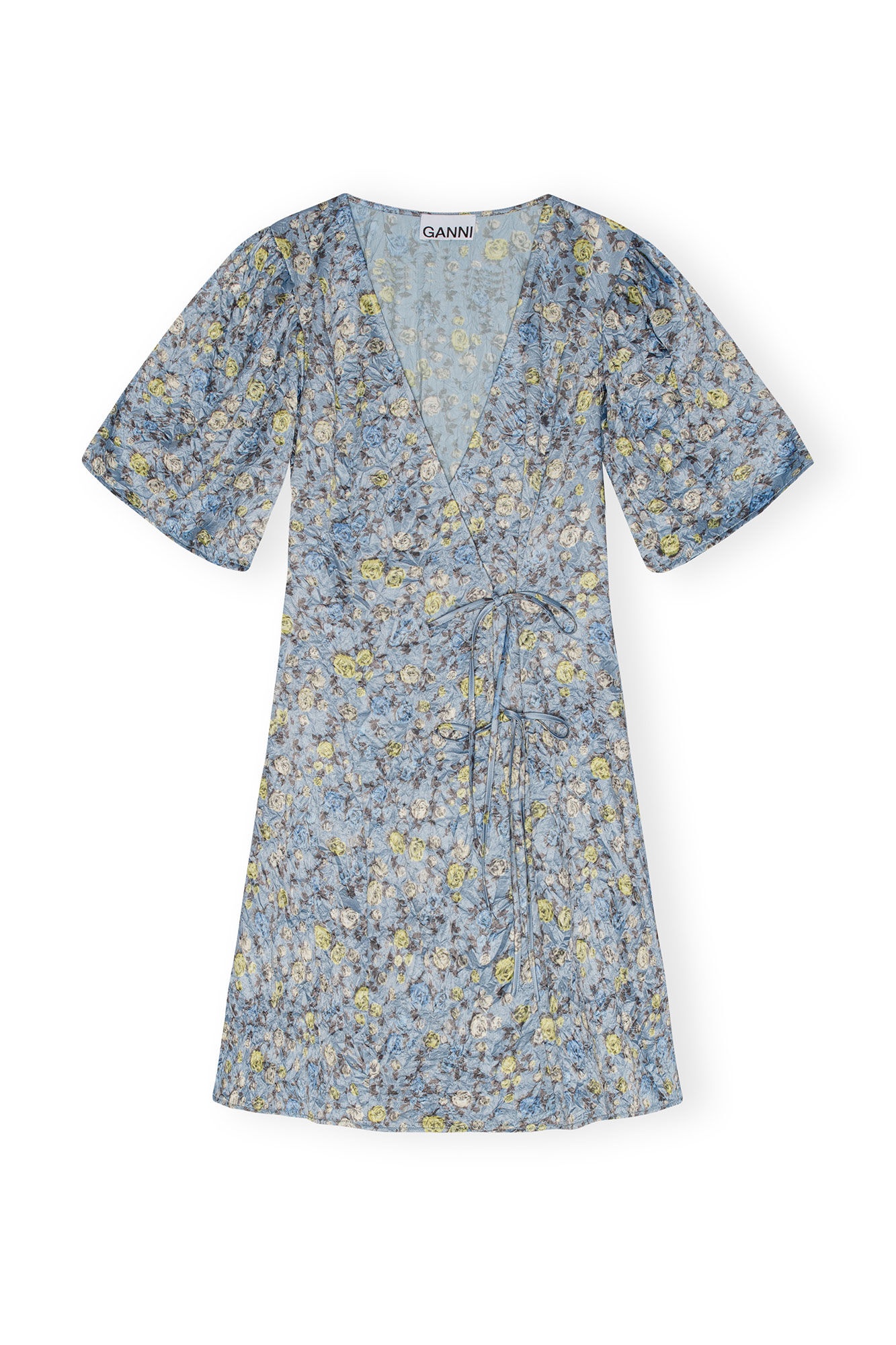 BLUE FLORAL PRINTED CRINKLED SATIN MINI WRAP DRESS - 1