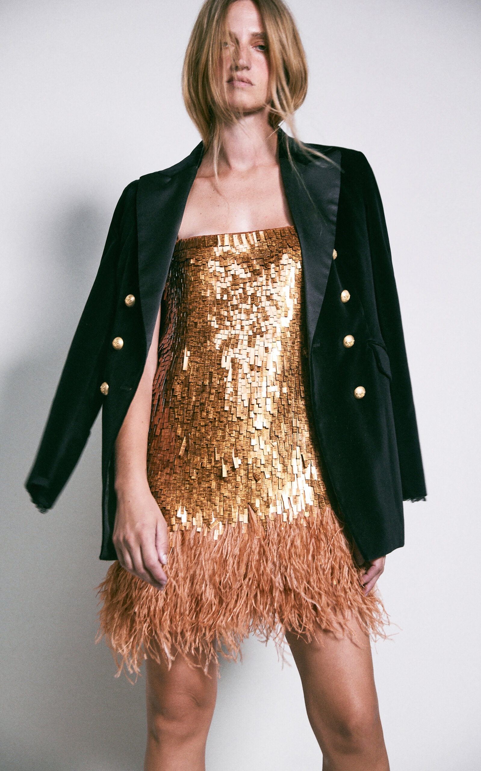 Chemical Attraction Feather Trim Sequined Mini Dress bronze - 6