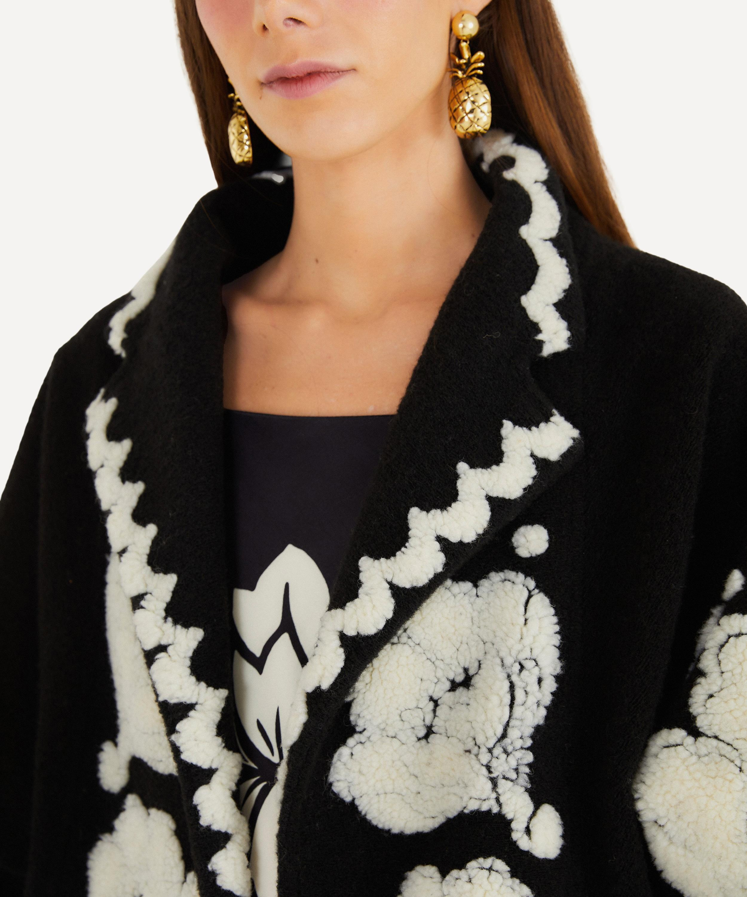 Black and White Floral Arabesque Fleece Coat - 3