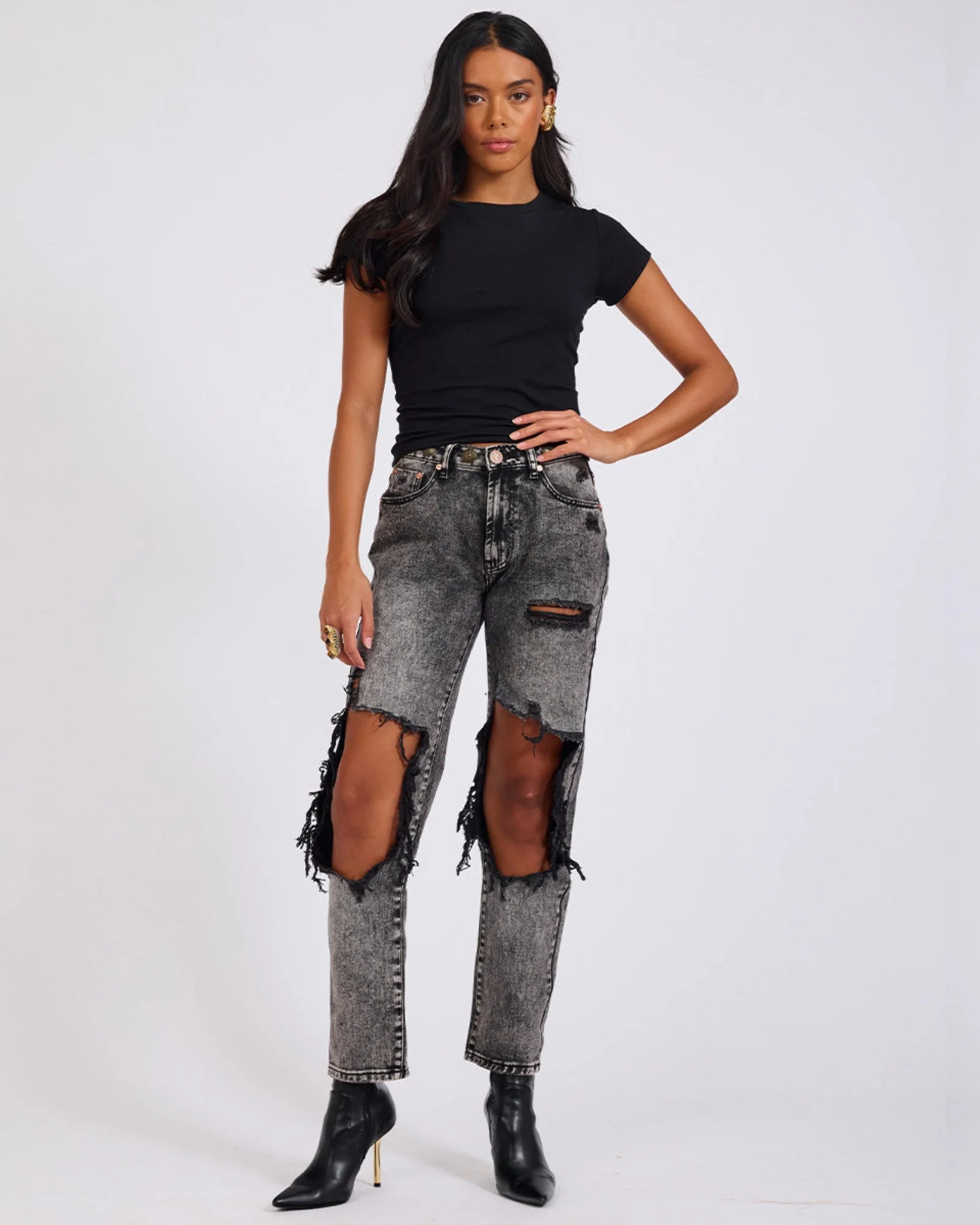 Awesome Baggies High Waist Straight Leg Denim Jeans - Rodeo Grey - 1
